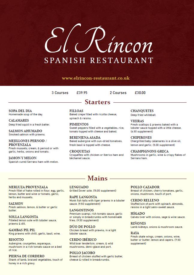 El Rincon Spanish Restaurant & Tapas меню