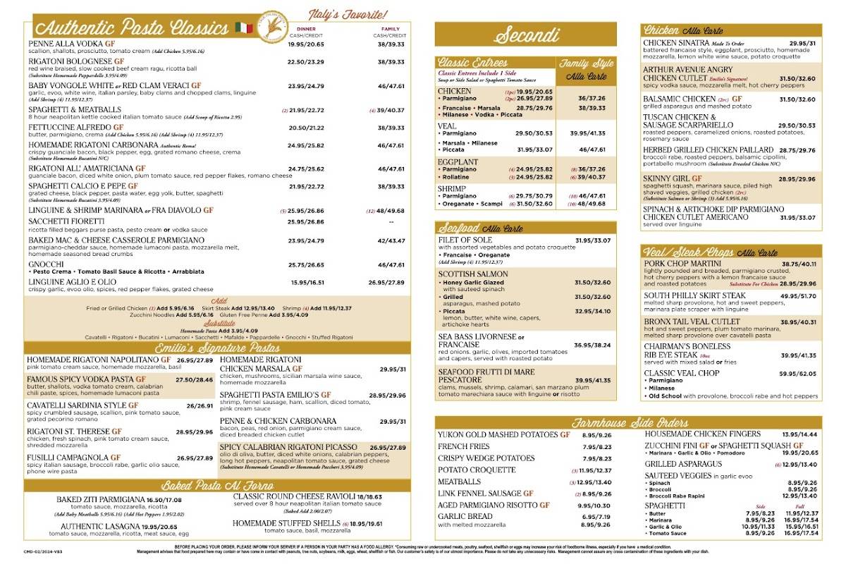 Emilio's – Italian Restaurant & Pizzeria in Commack NY меню