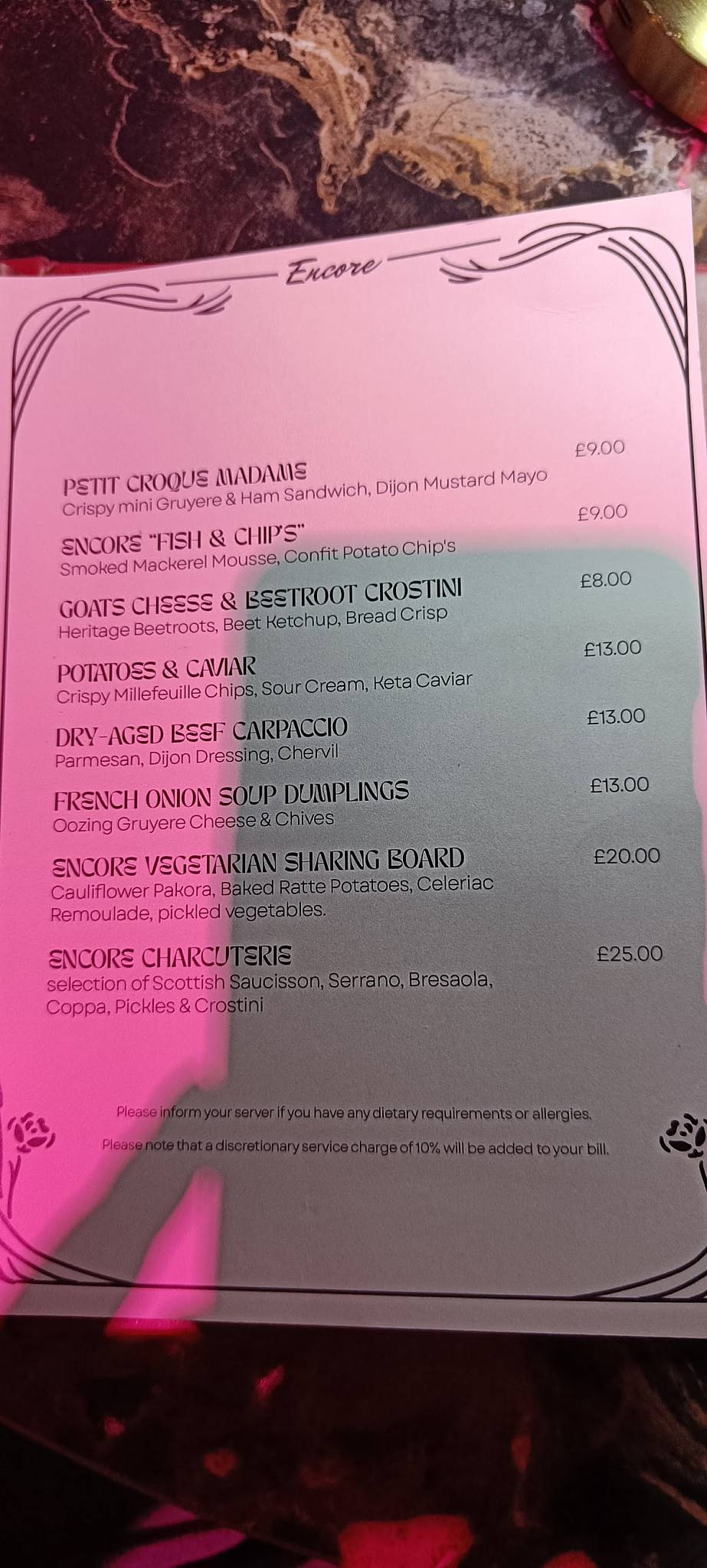 Encore Edinburgh меню