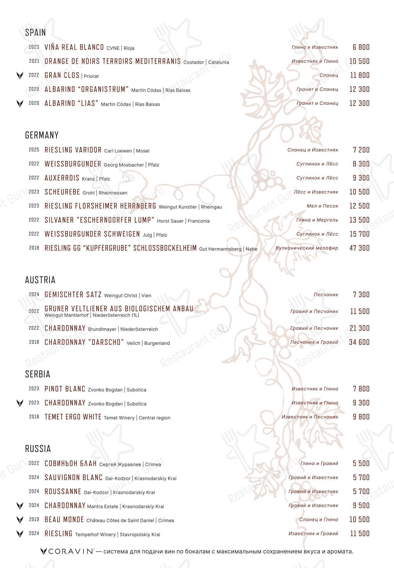 Меню напитков ресторана Eno Bistro