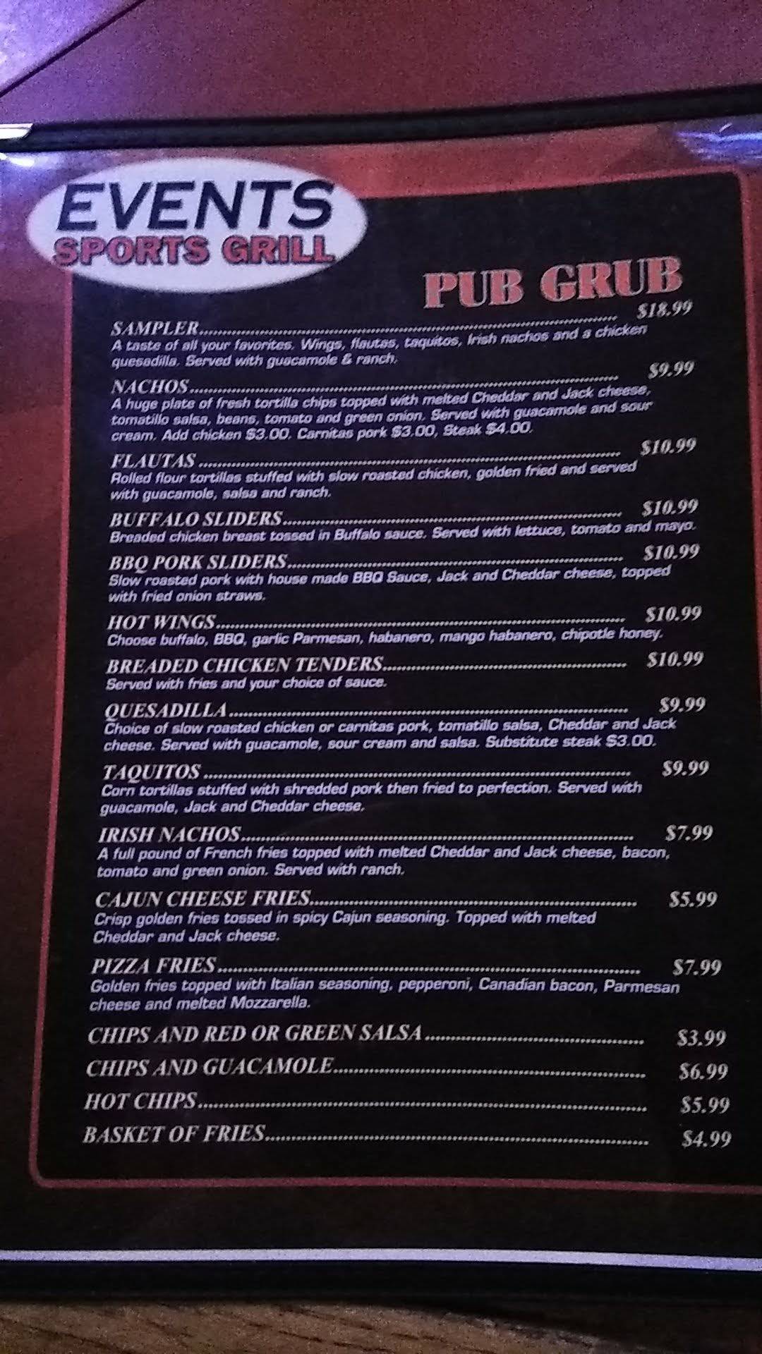 Events Sports Grill меню