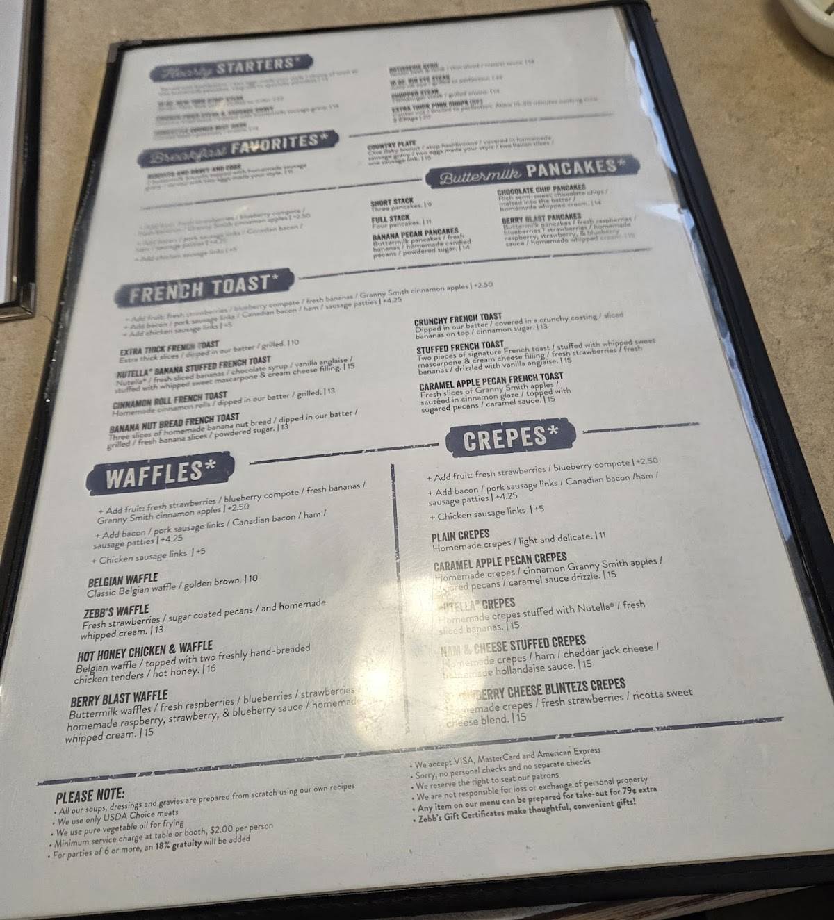 Zebb’s Family Restaurant меню