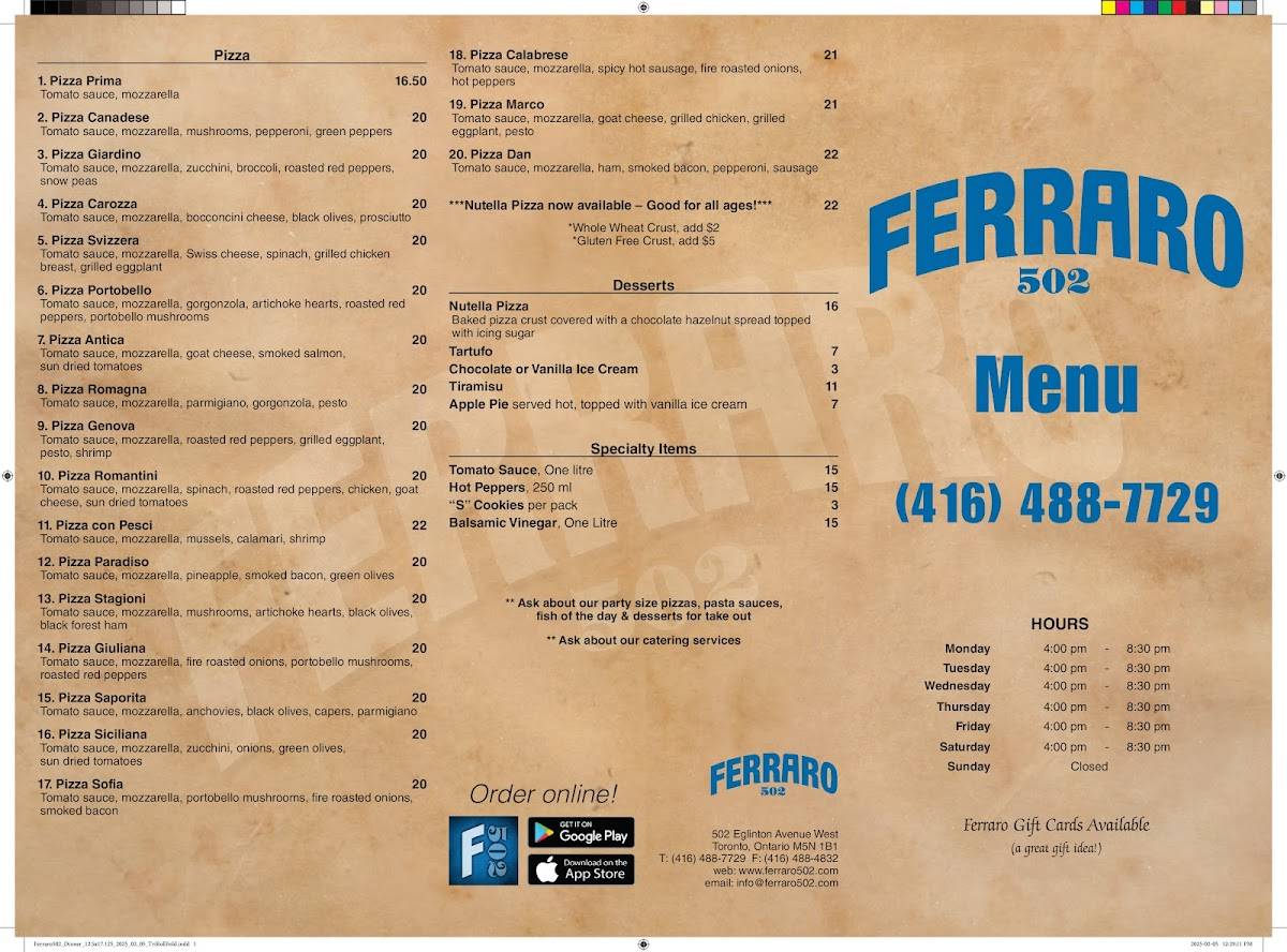 Ferraro 502 Italian Restaurant меню