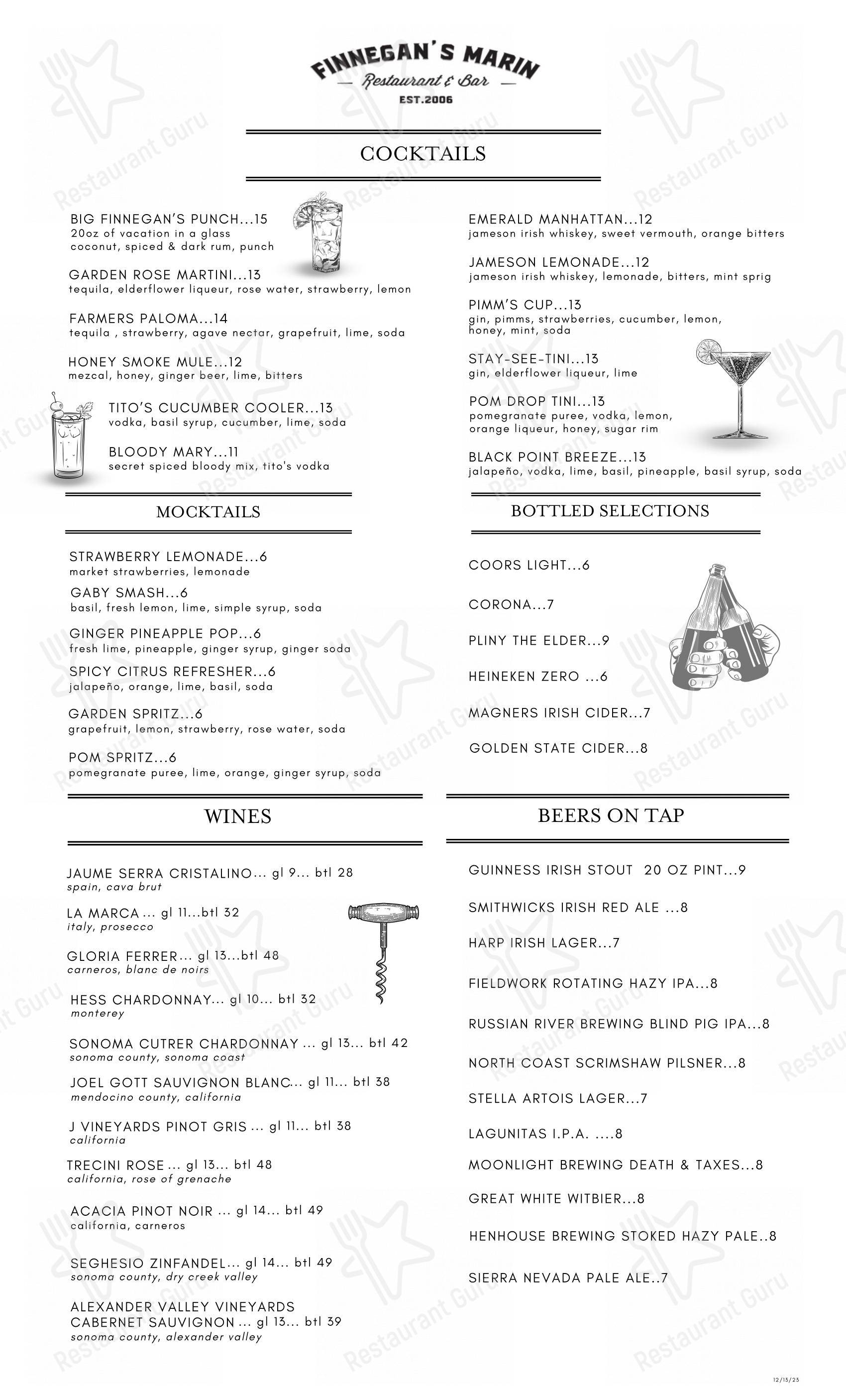 Меню паба и бара Finnegan's Marin Restaurant & Bar - Основное меню