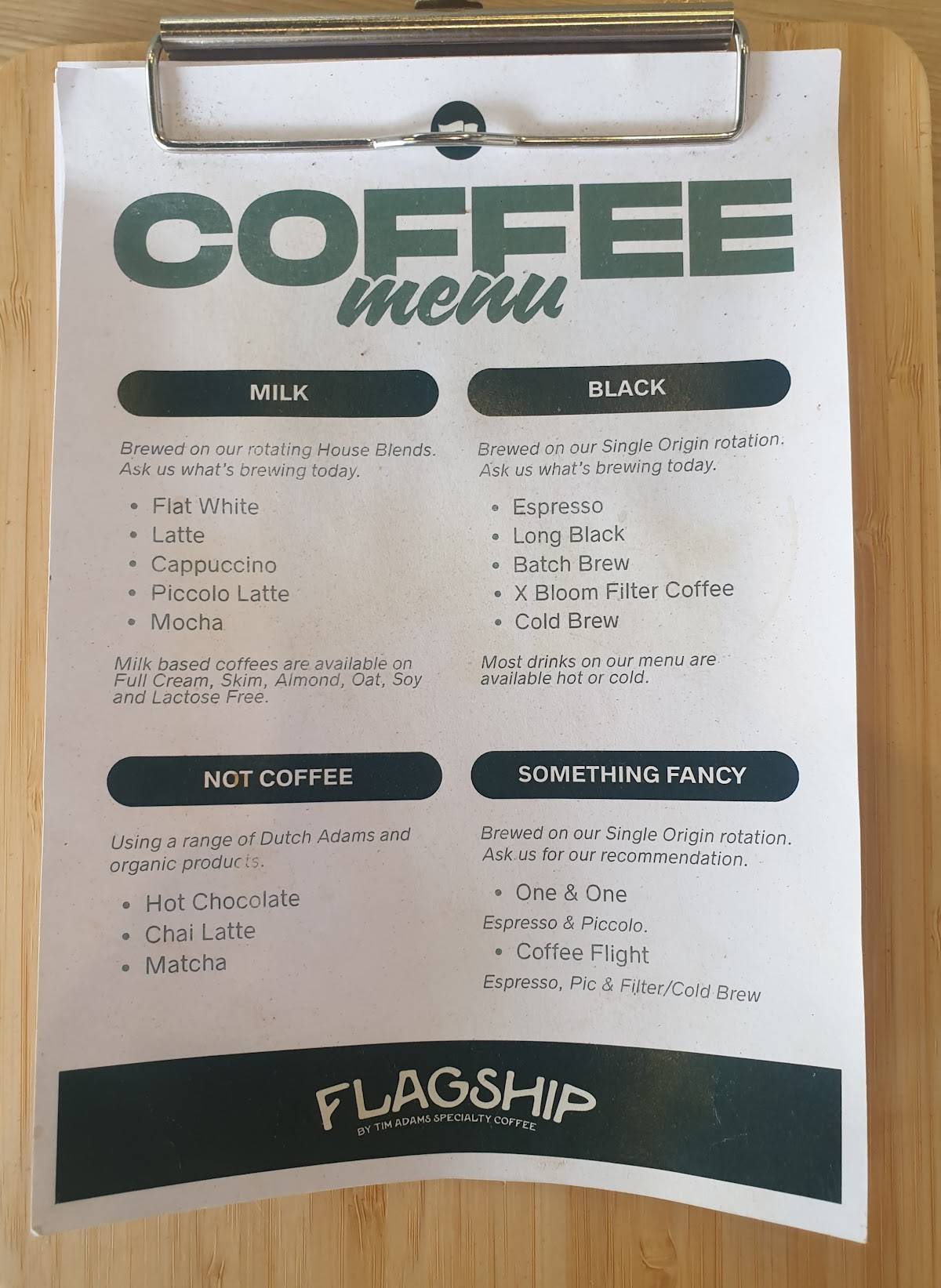 Flagship by Tim Adams Specialty Coffee Birtinya меню