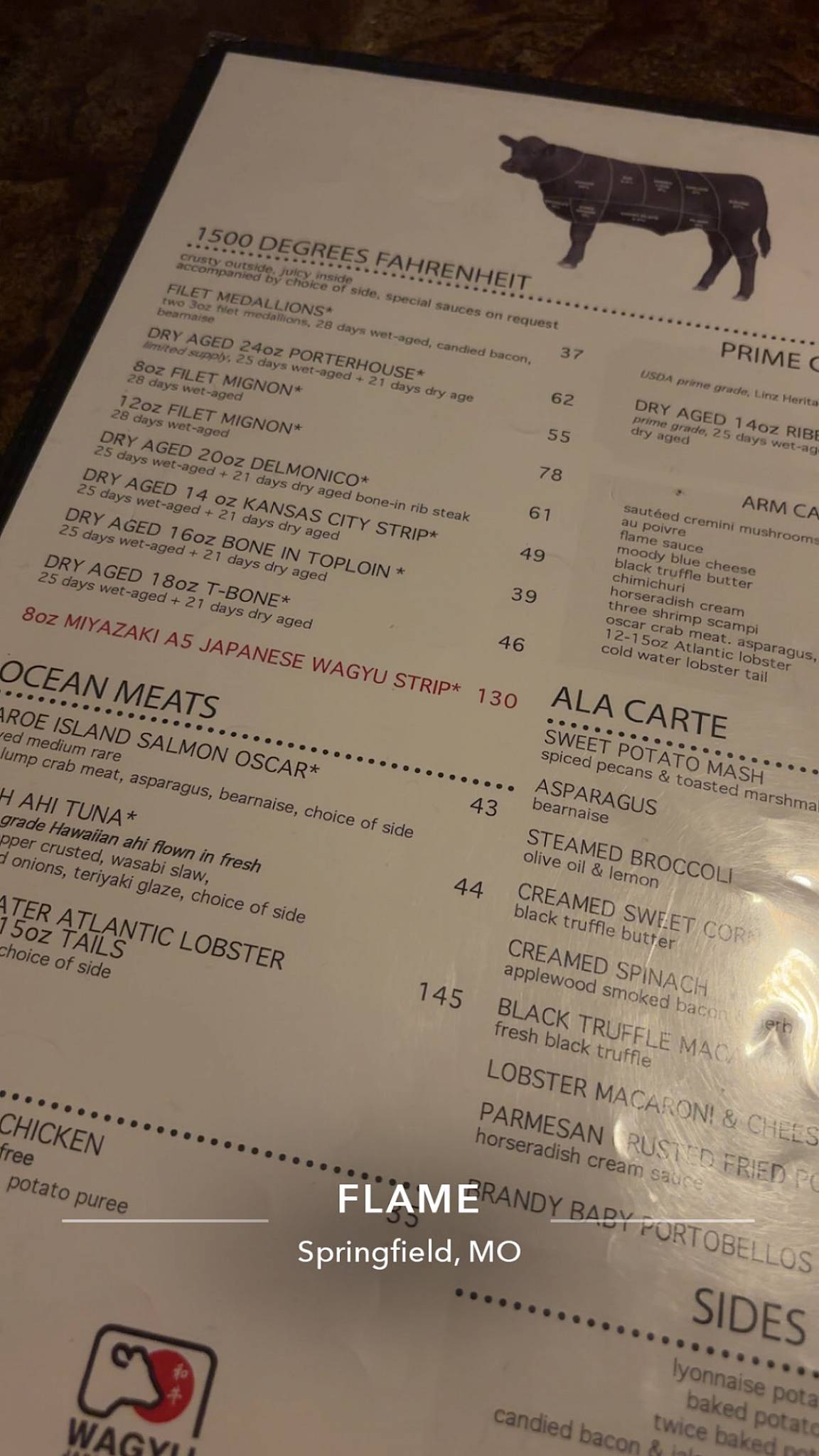 Flame Steakhouse & Wine Bar меню