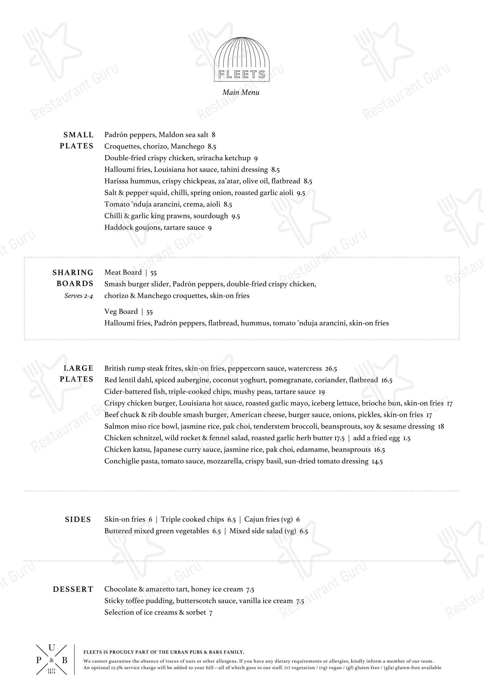 Lunch Menu паба и бара Fleets Bar & Kitchen в Лондоне