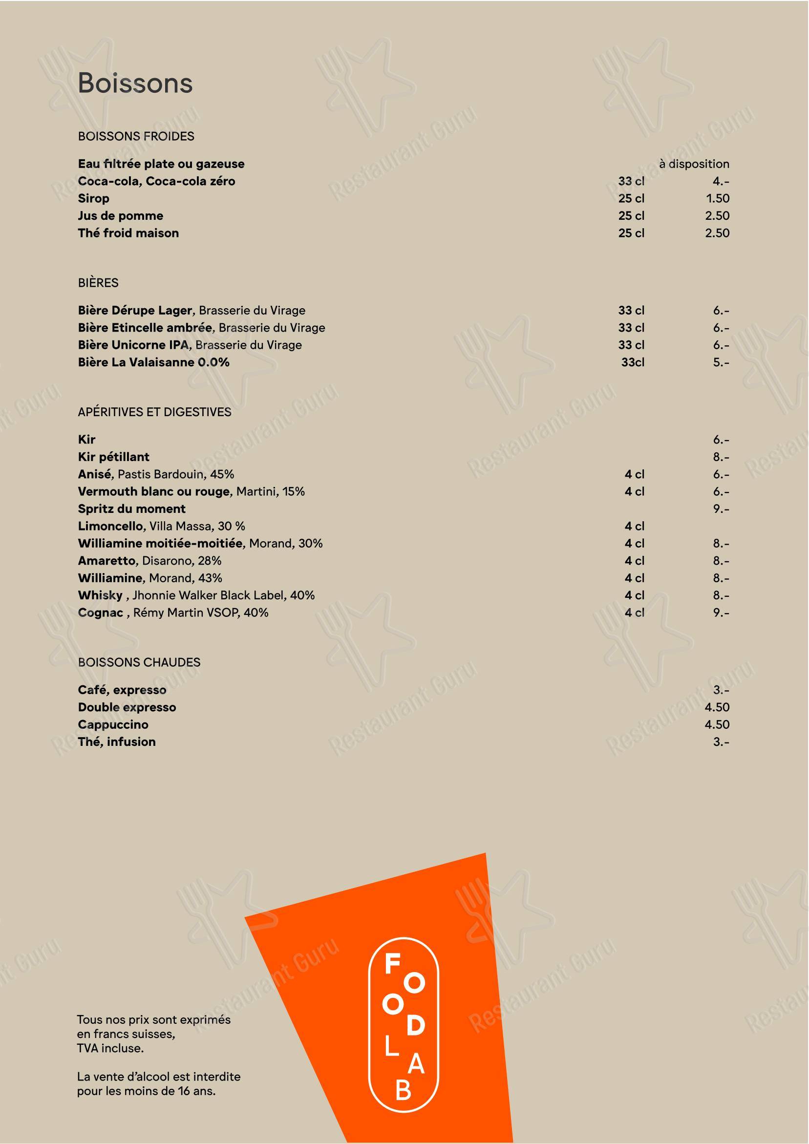 菜单 ресторана FoodLab в Плане-лезе-Уате