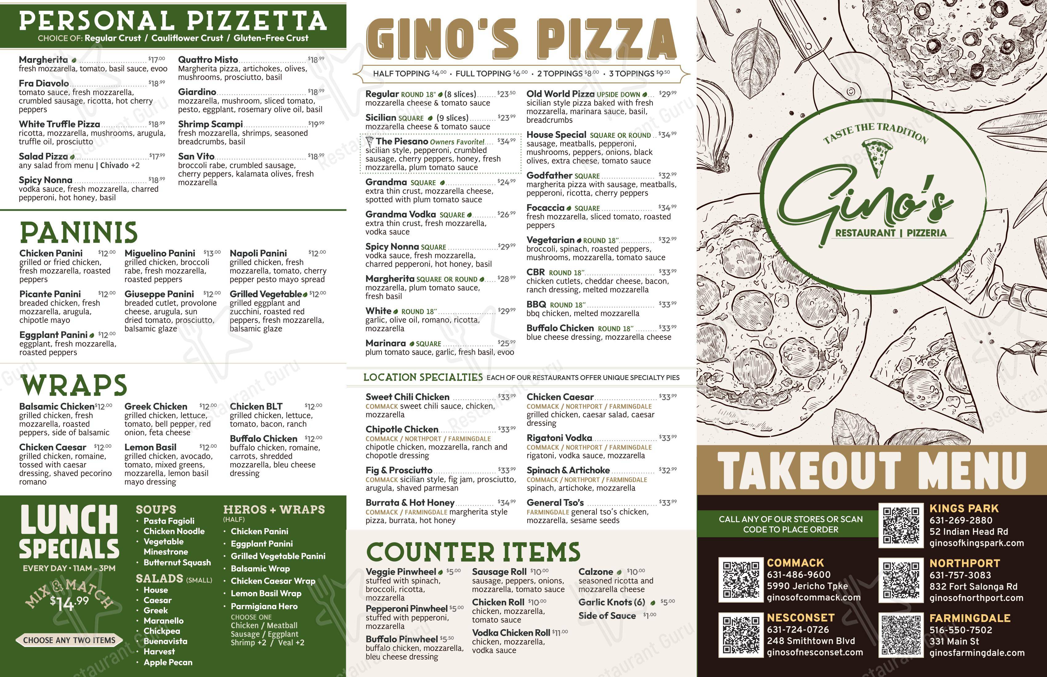 菜单 ресторана GINO’S OF COMMACK