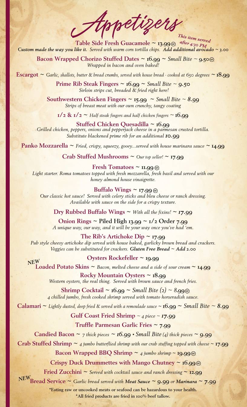 The Prime Rib Restaurant & Wine Cellar меню