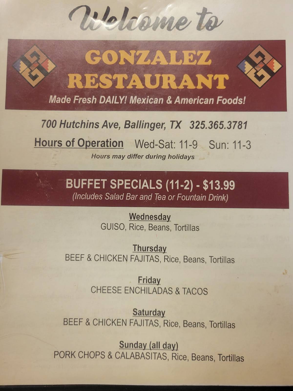 Gonzalez Restaurant меню