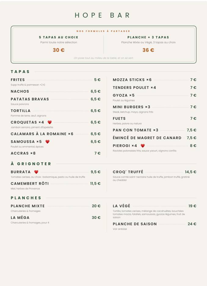 Hope - Bar - Tapas меню