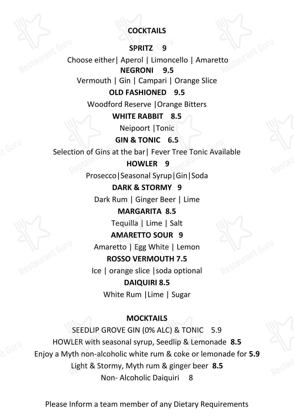 Меню паба и бара Howl Wine Bar & Bottle Shop York - 菜单