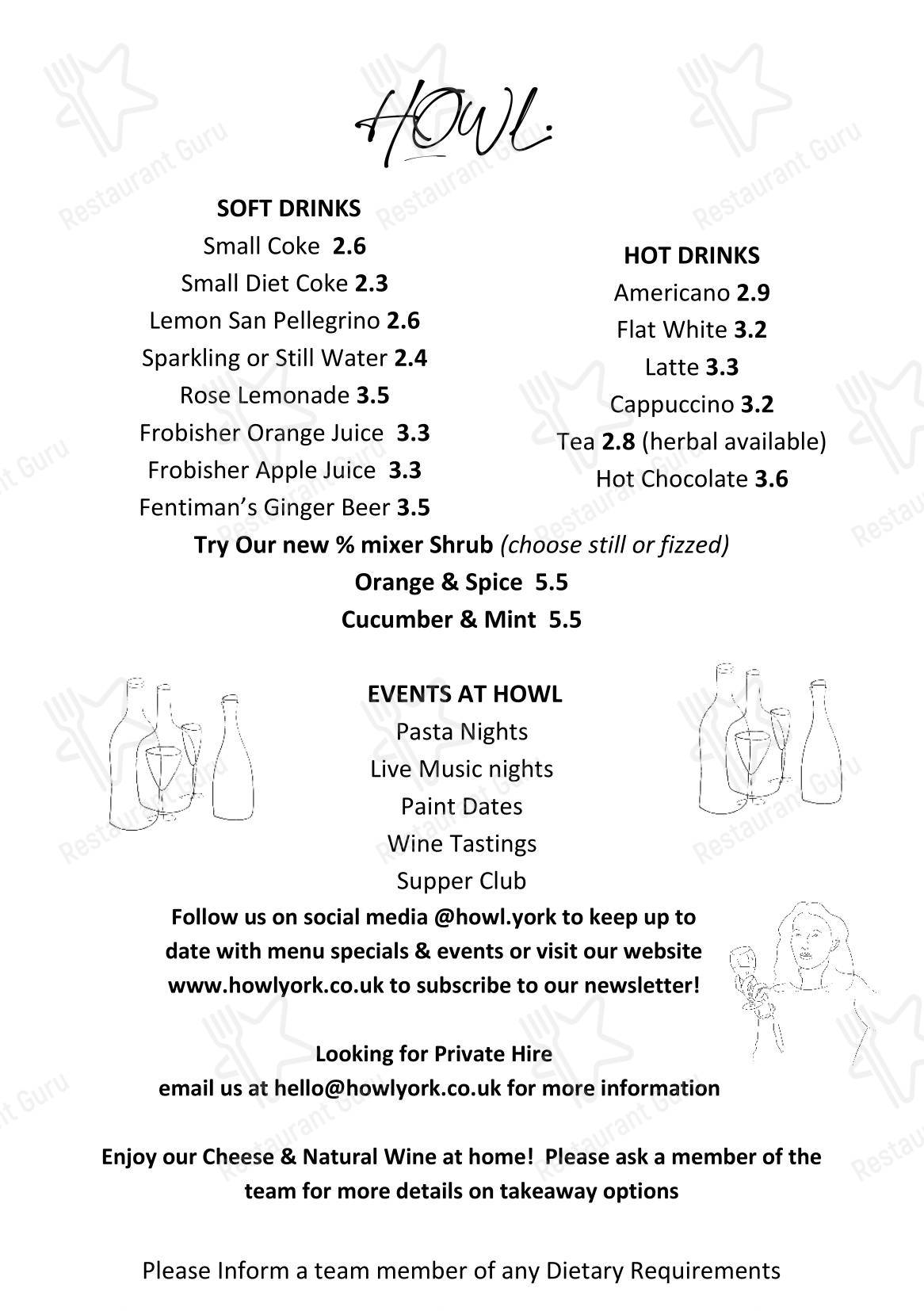 Меню паба и бара Howl Wine Bar & Bottle Shop York - 菜单