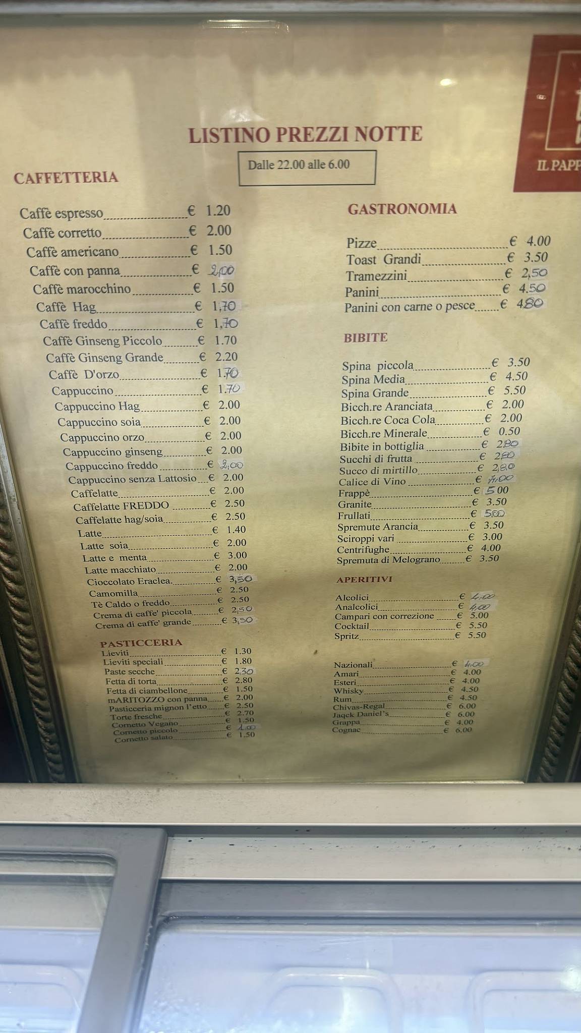Il Pappagallo Bar меню