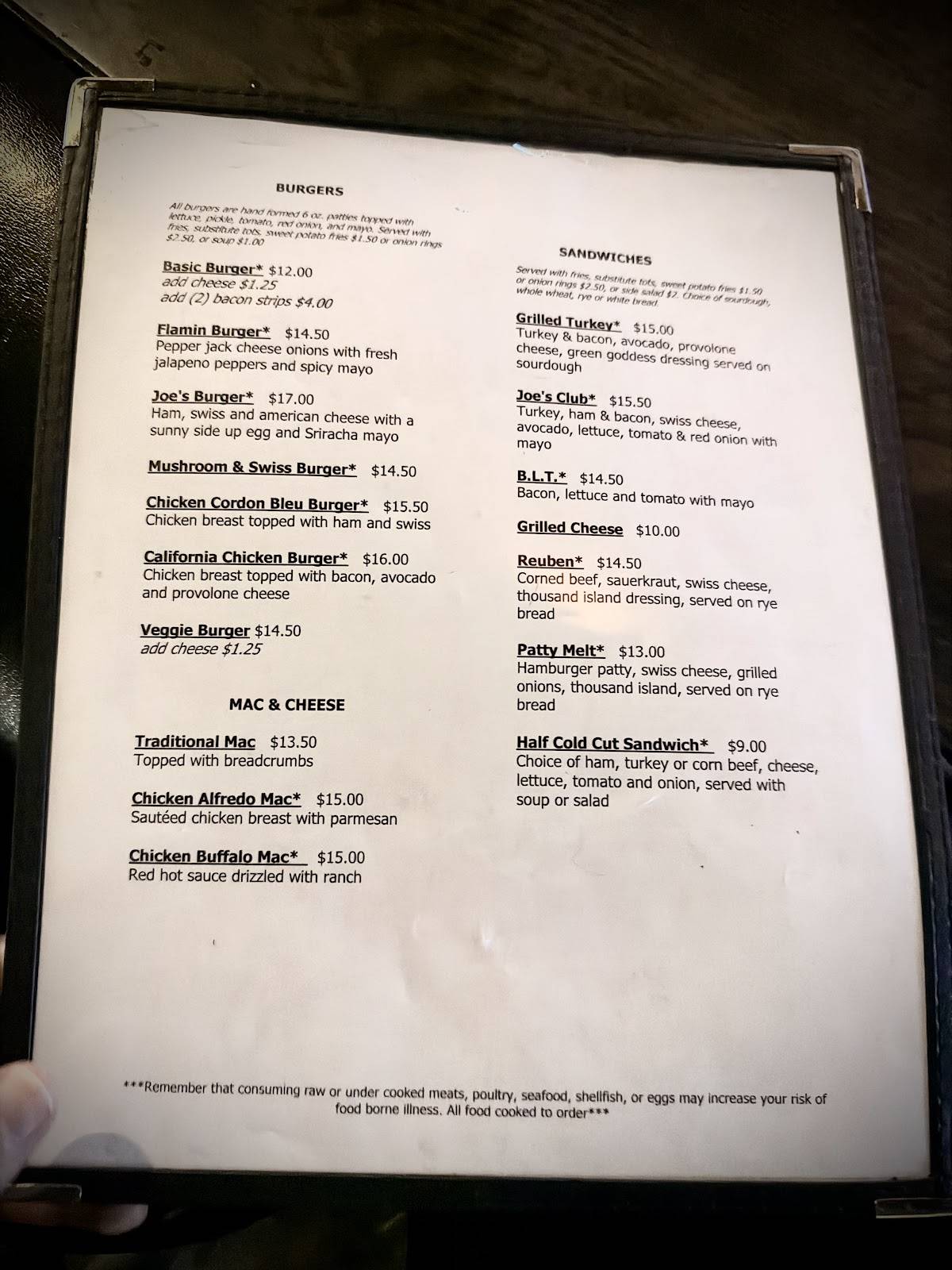 Joe's Cellar меню