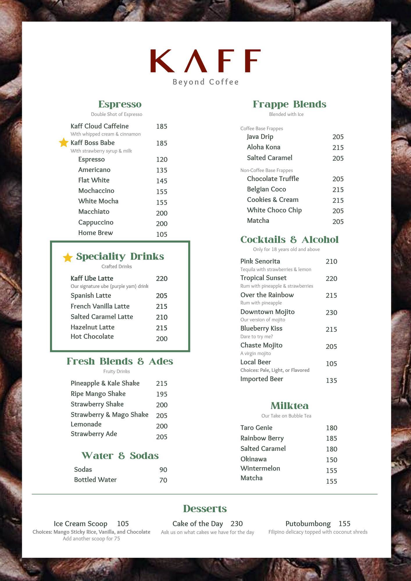 Kaff Cafe меню