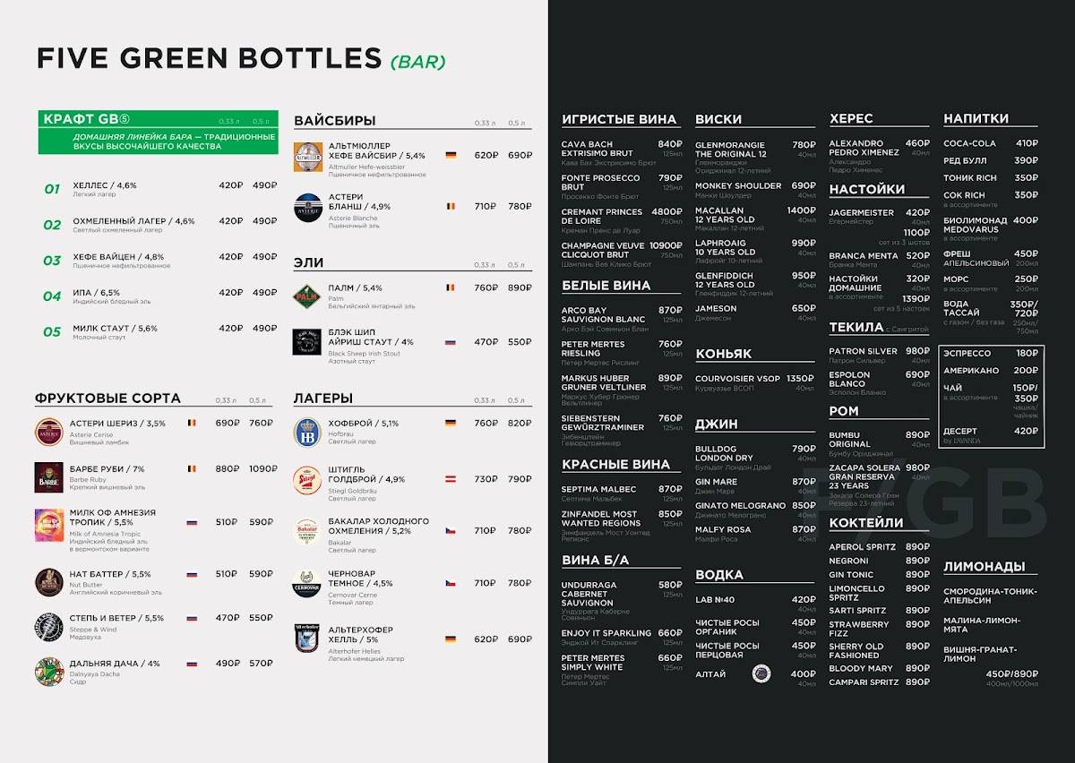 5 Green Bottles меню