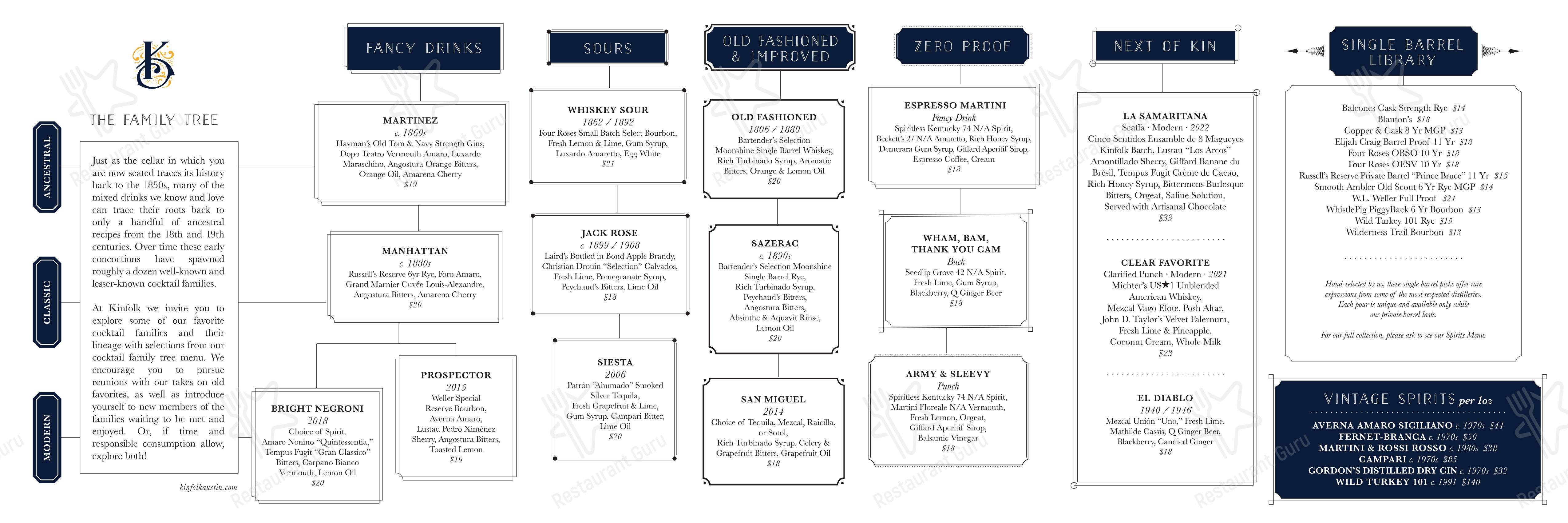 Меню паба и бара Kinfolk Cocktail Lounge & Spirits Library в Остине