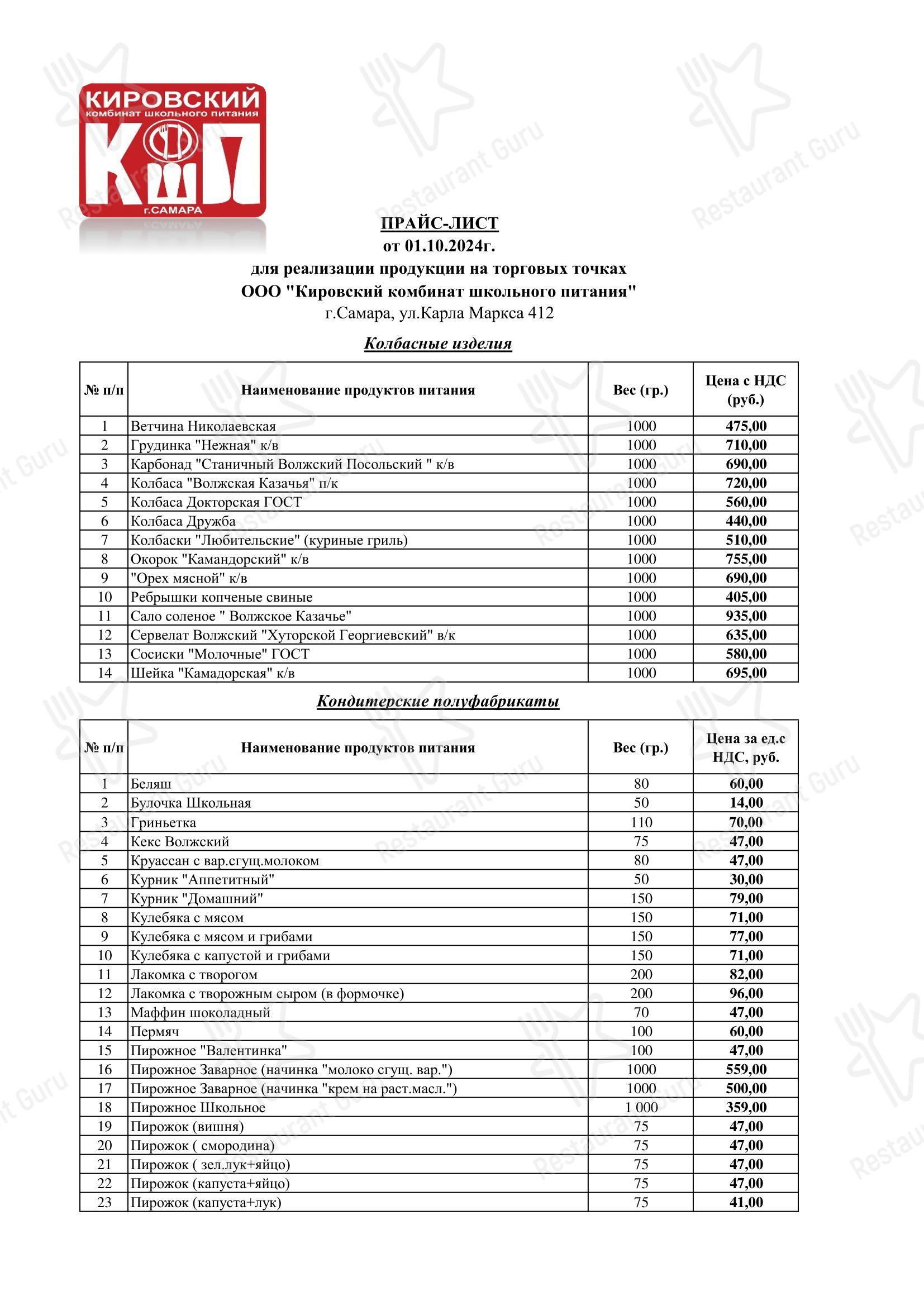 Меню Кировский комбинат школьного питания в Самаре