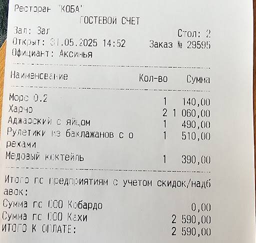 Коба меню