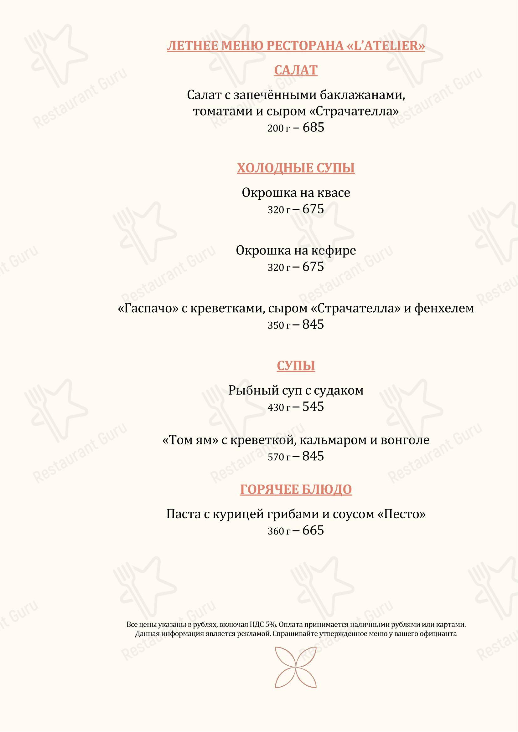 Меню ресторана L’Atelier - Меню напитков