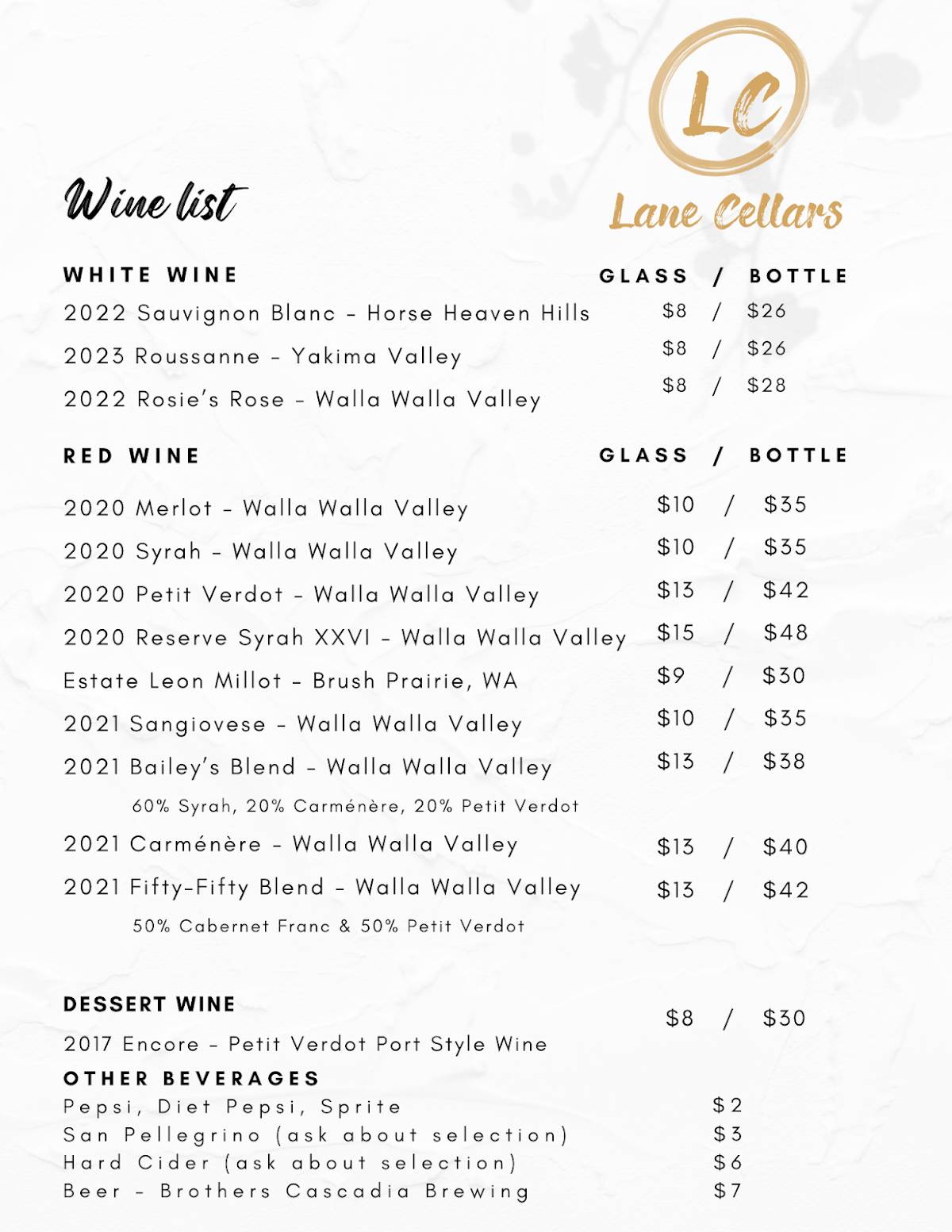 Lane Cellars меню