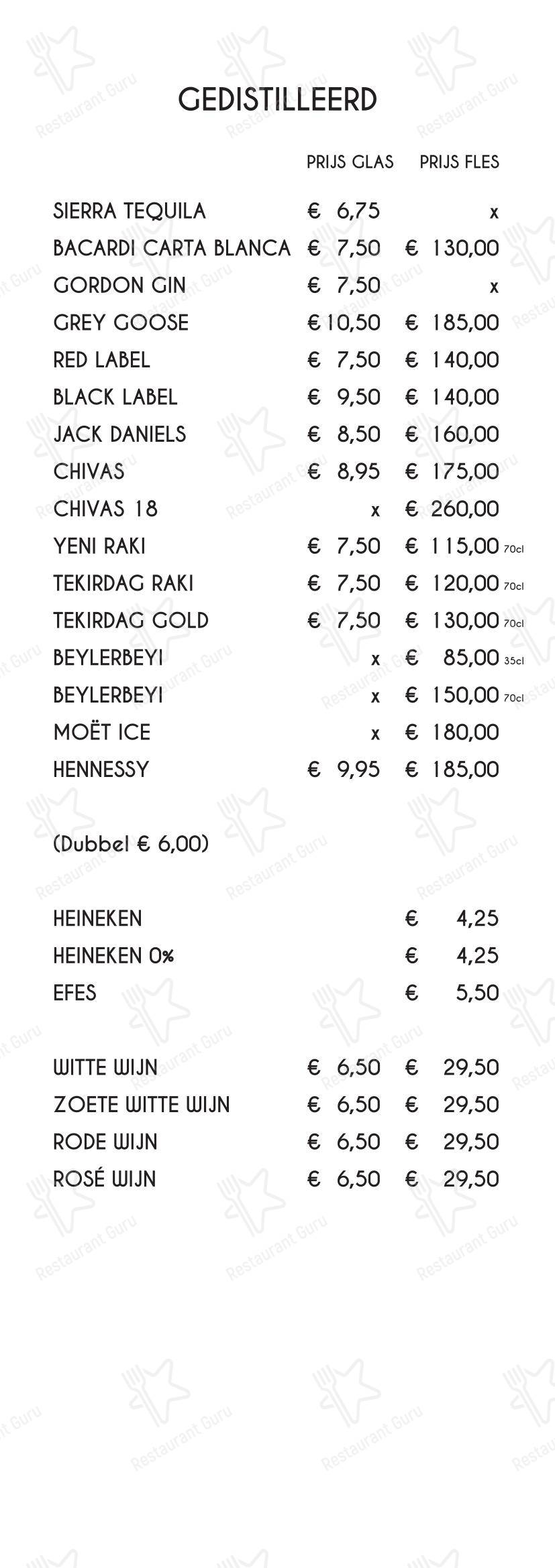 Меню напитков ресторана Lounge Restaurant Sultan в Роттердаме