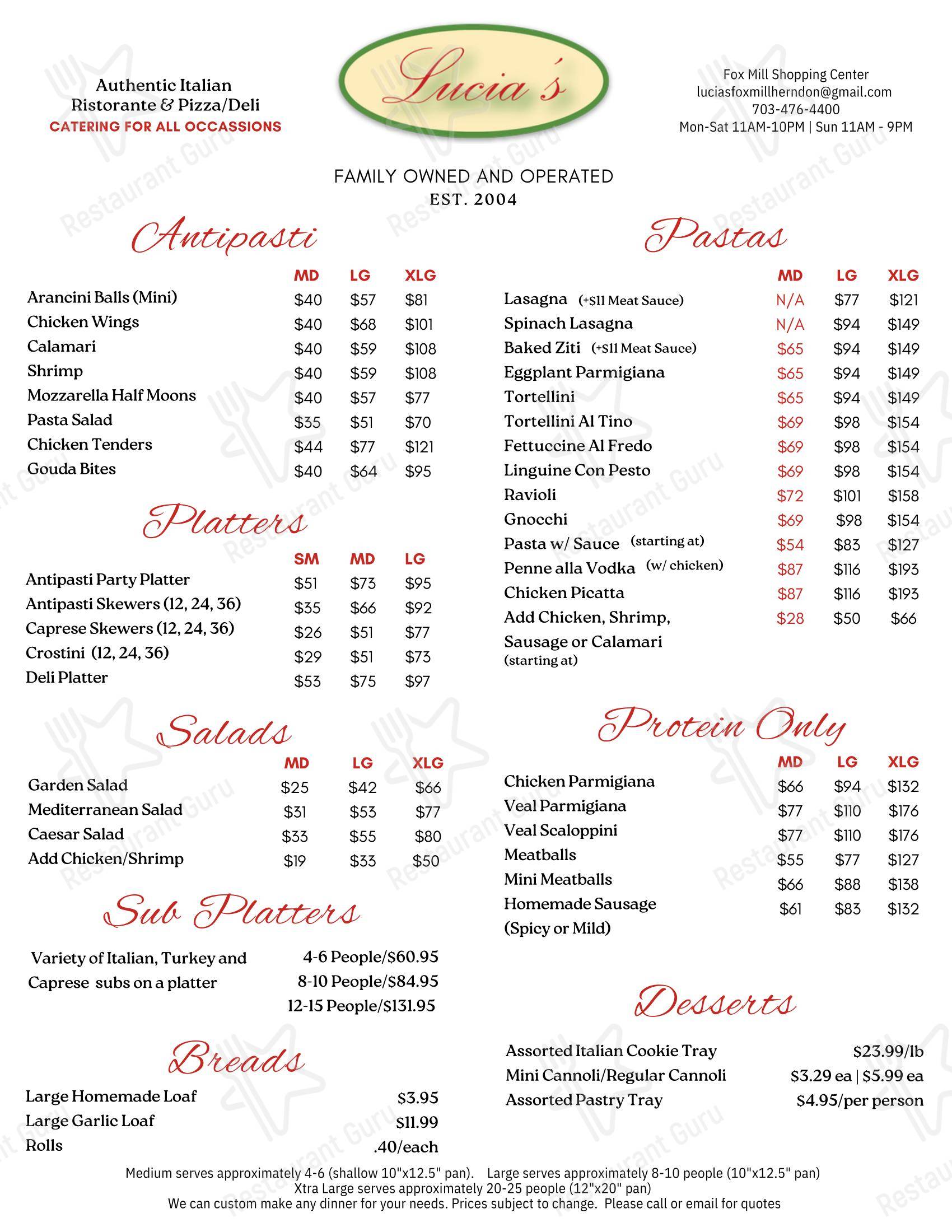 Меню пиццерии Lucia's Italian Ristorante - Herndon