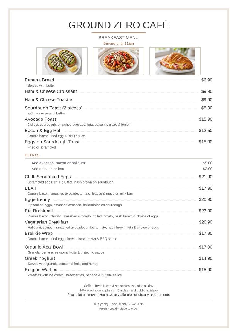 Ground Zero Cafe меню
