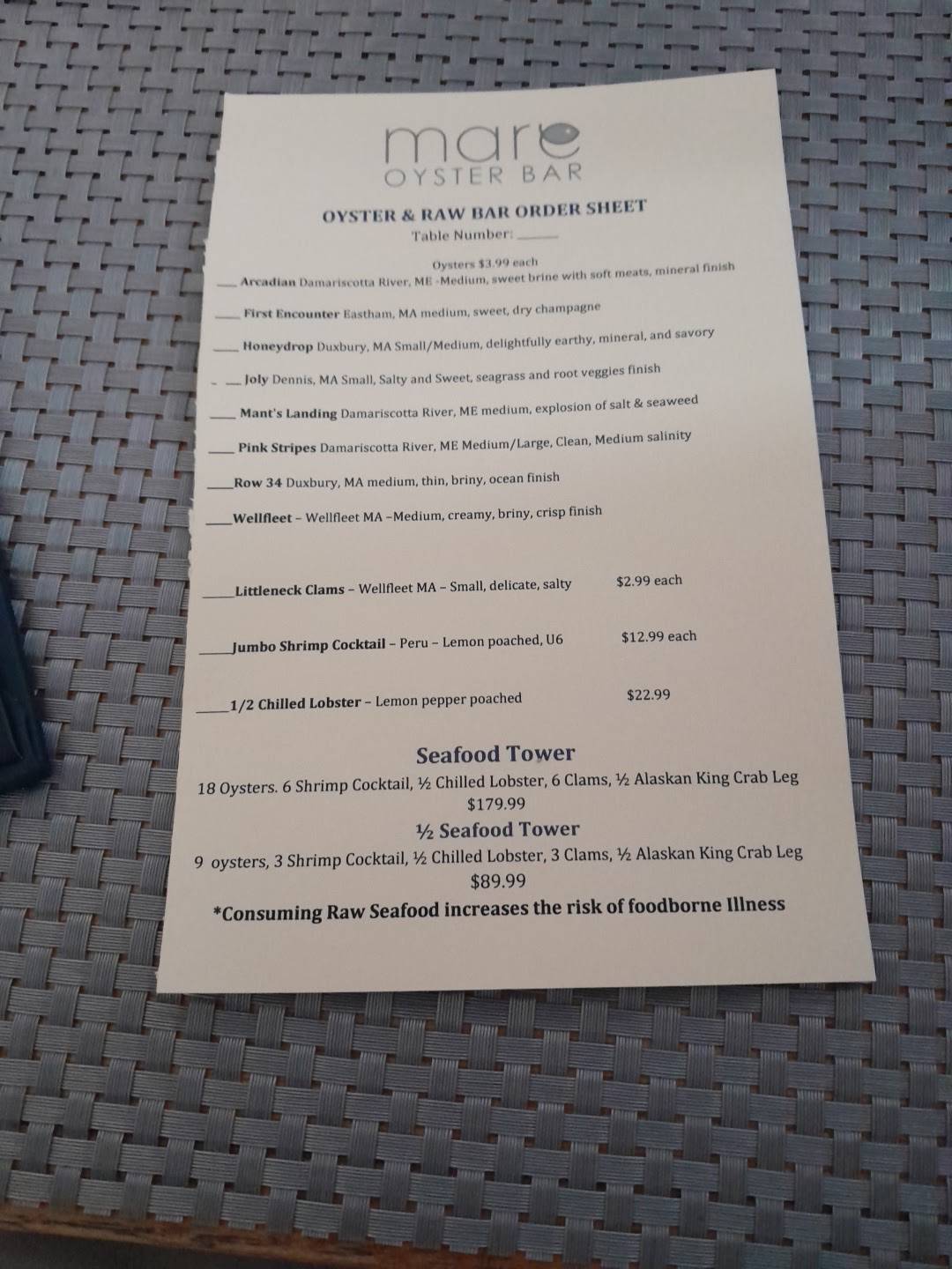 Mare Oyster Bar меню