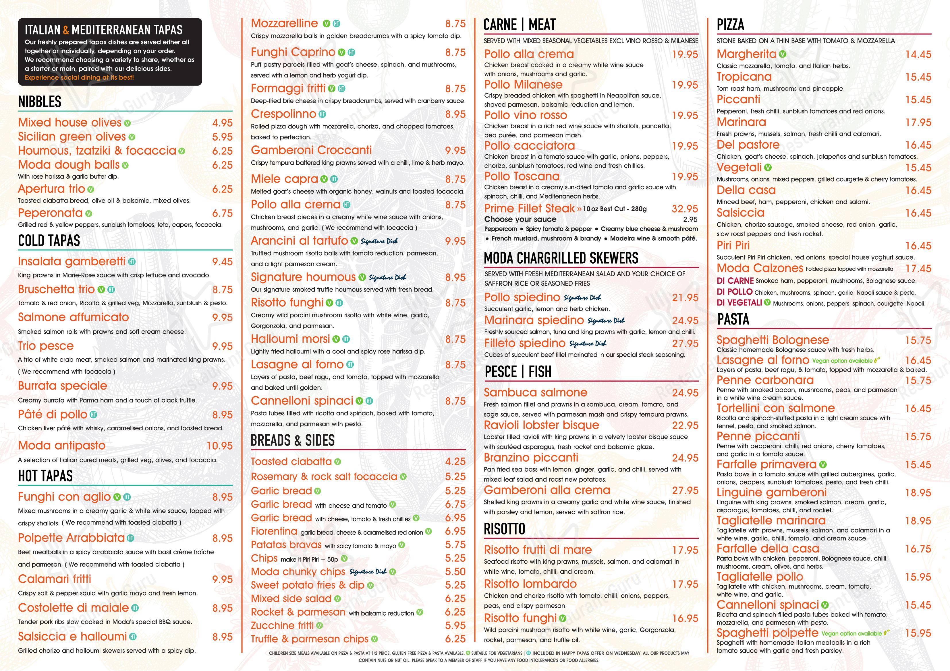 Меню ресторана Moda Italian Restaurant - Меню