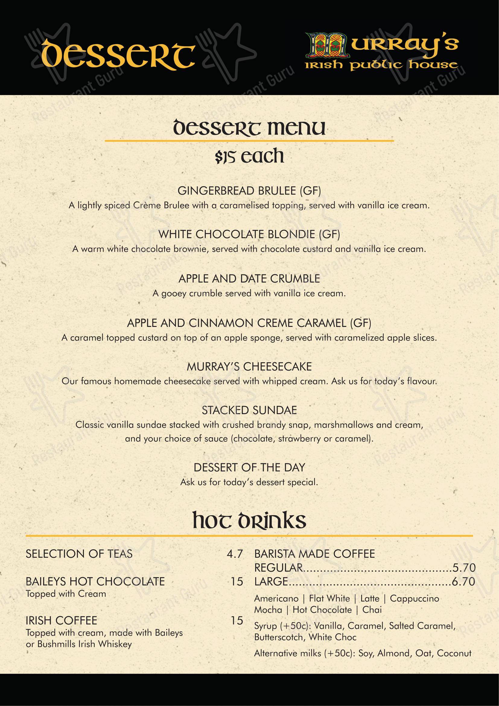 Меню паба и бара Murray's Irish Bar - Dinner Menu