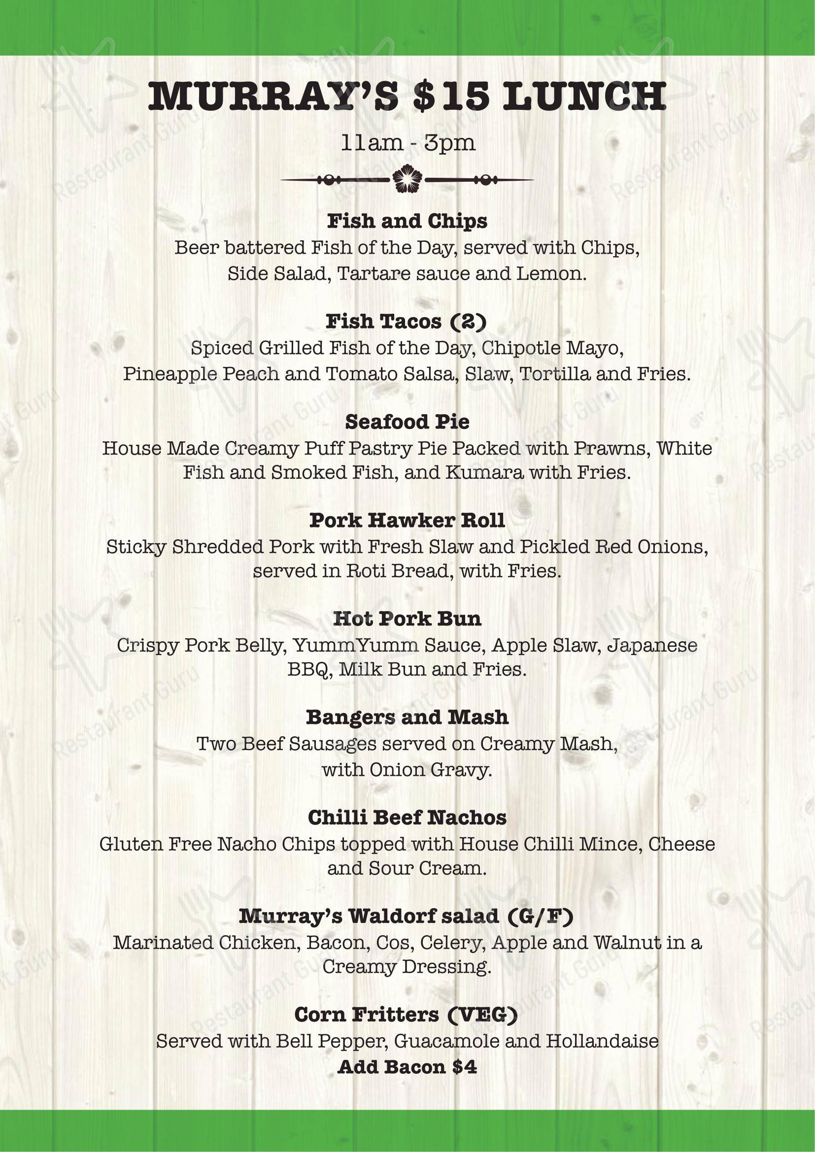 Lunch Menu паба и бара Murray's Irish Bar в Фейлдинге