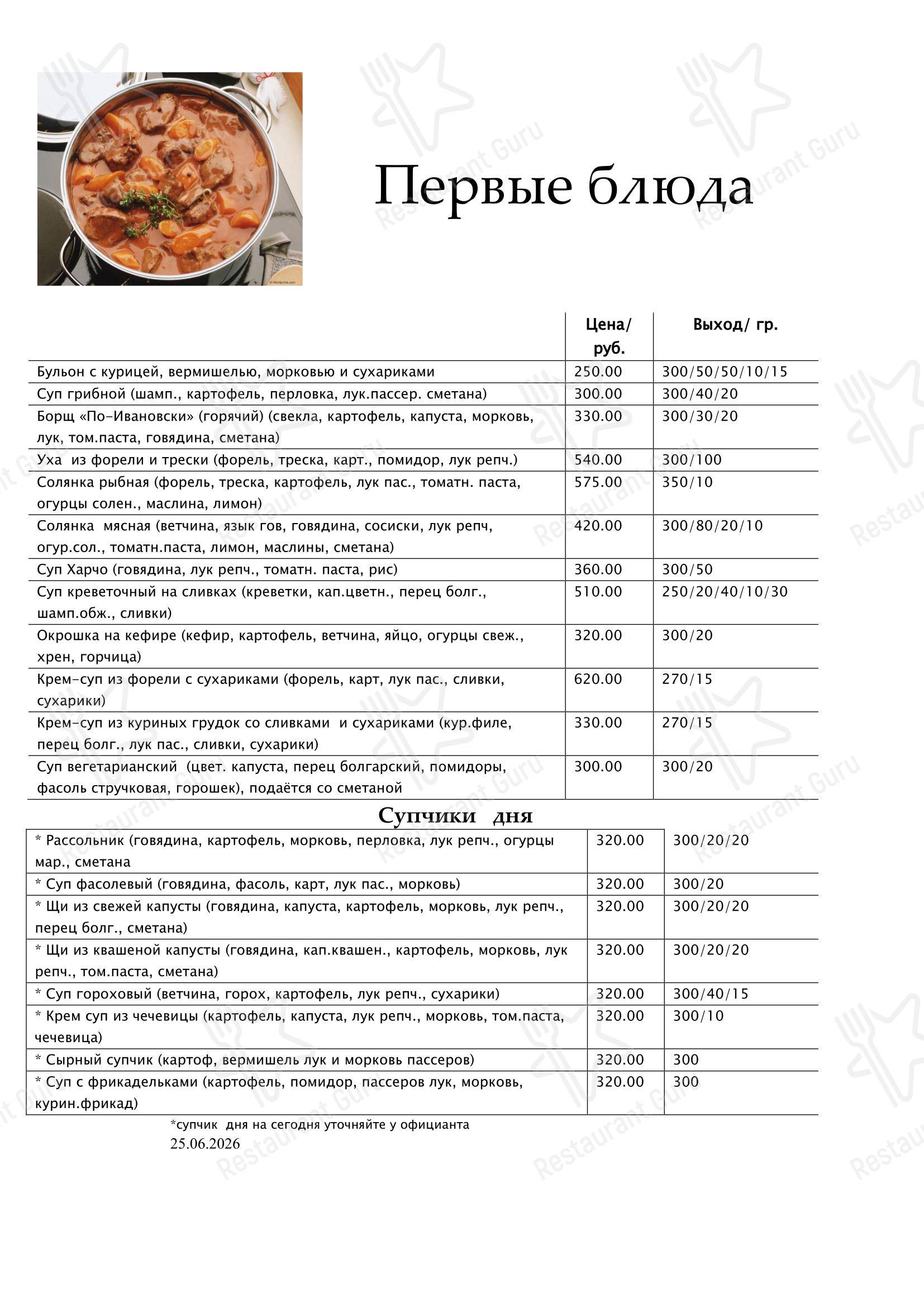 Меню кафе На всю Ивановскую