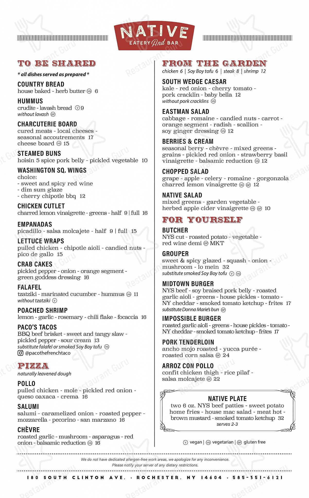 Wok Menu паба и бара Native Rochester