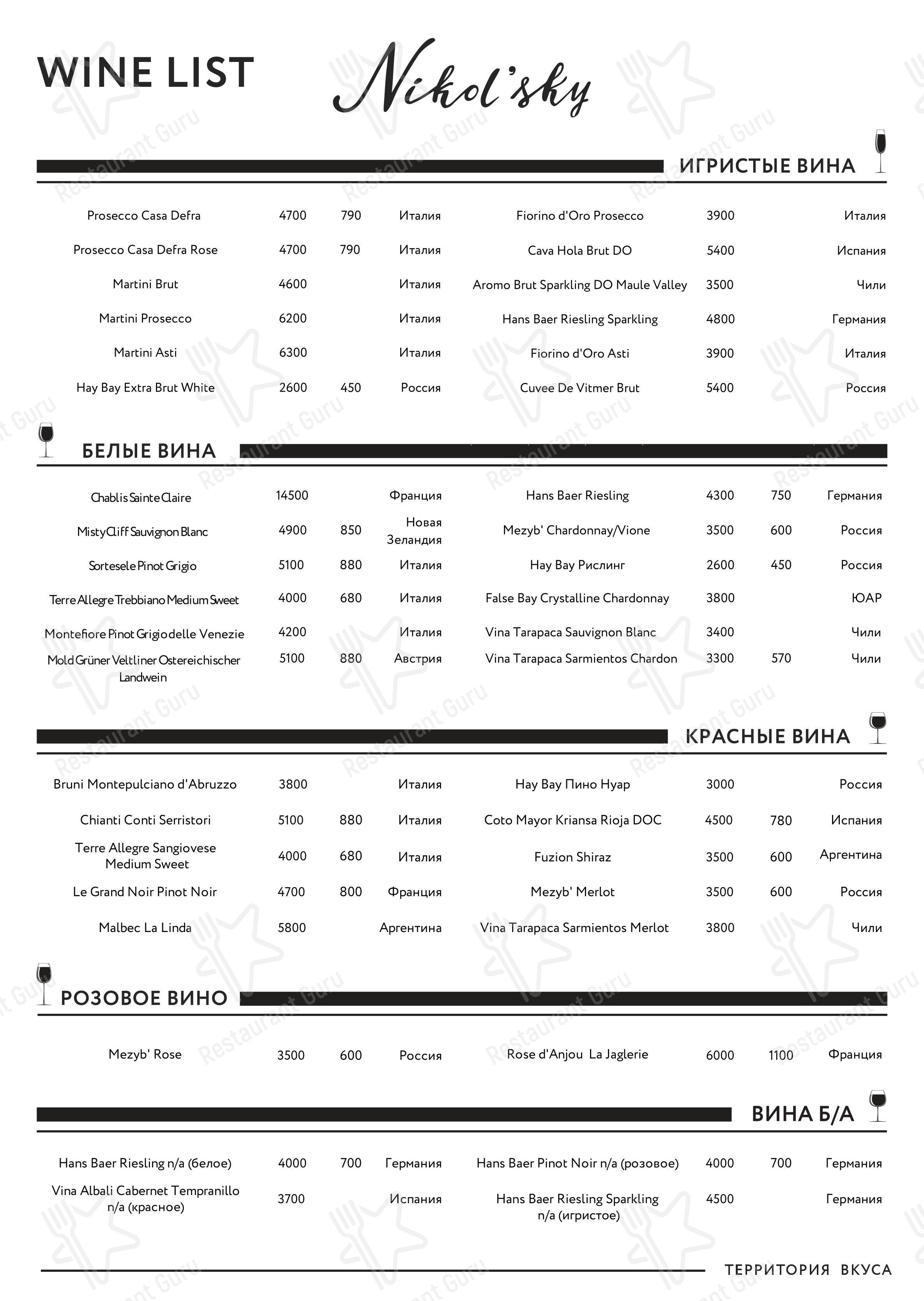 Меню ресторана Nikol'sky - Dinner Menu