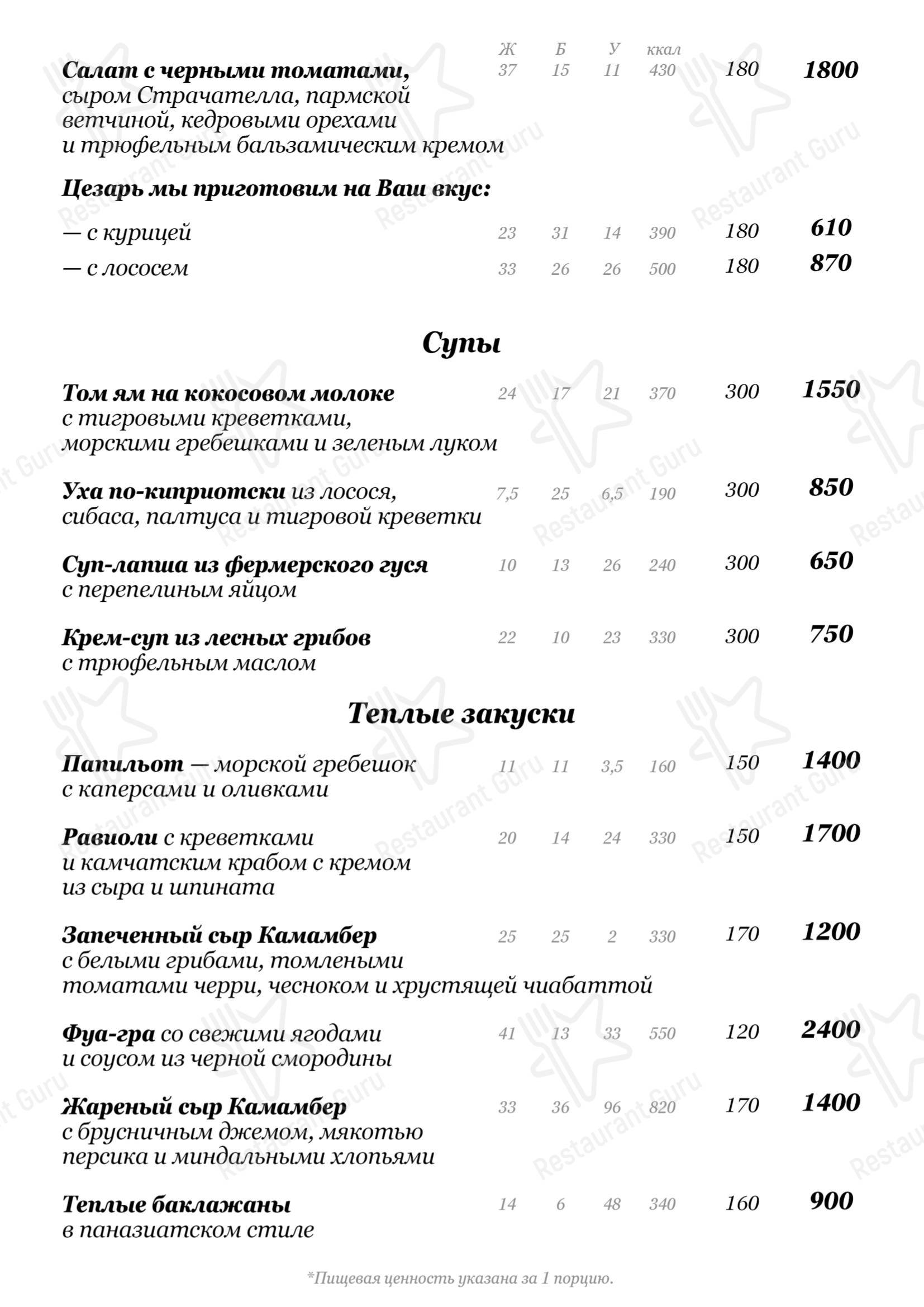 Меню ресторана Облака в Челябинске