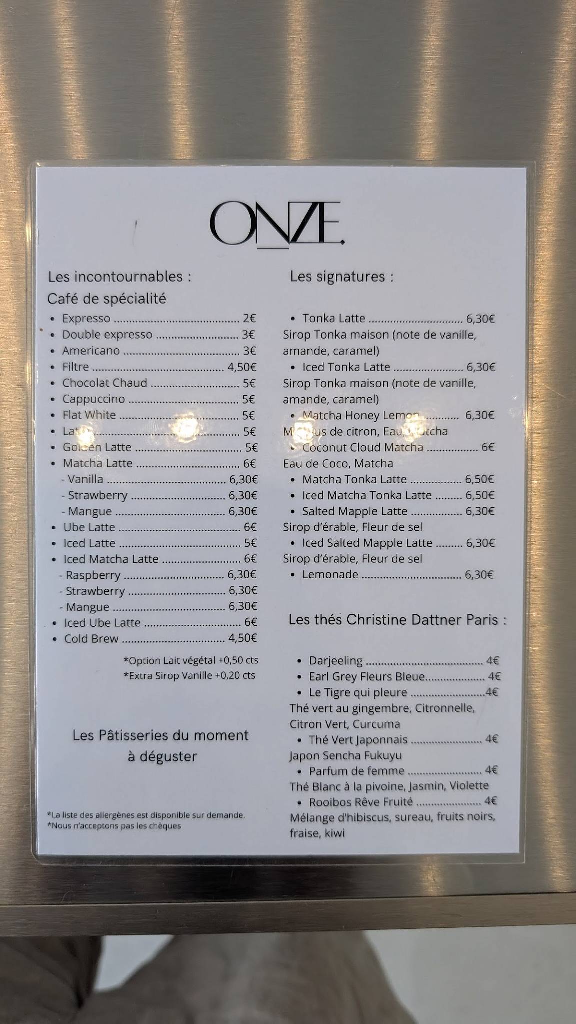 Onze. Café меню