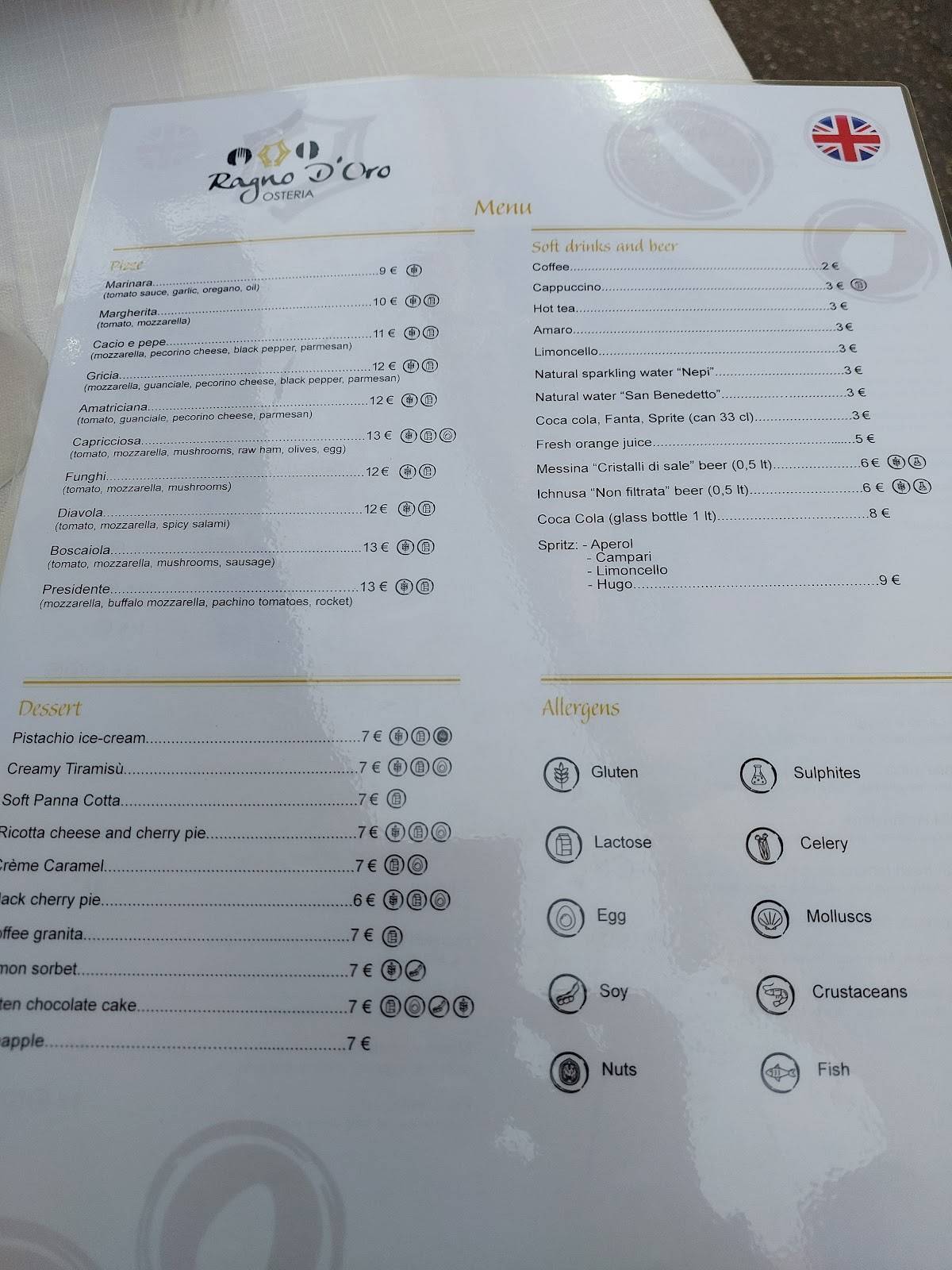 Osteria Ragno d'oro меню
