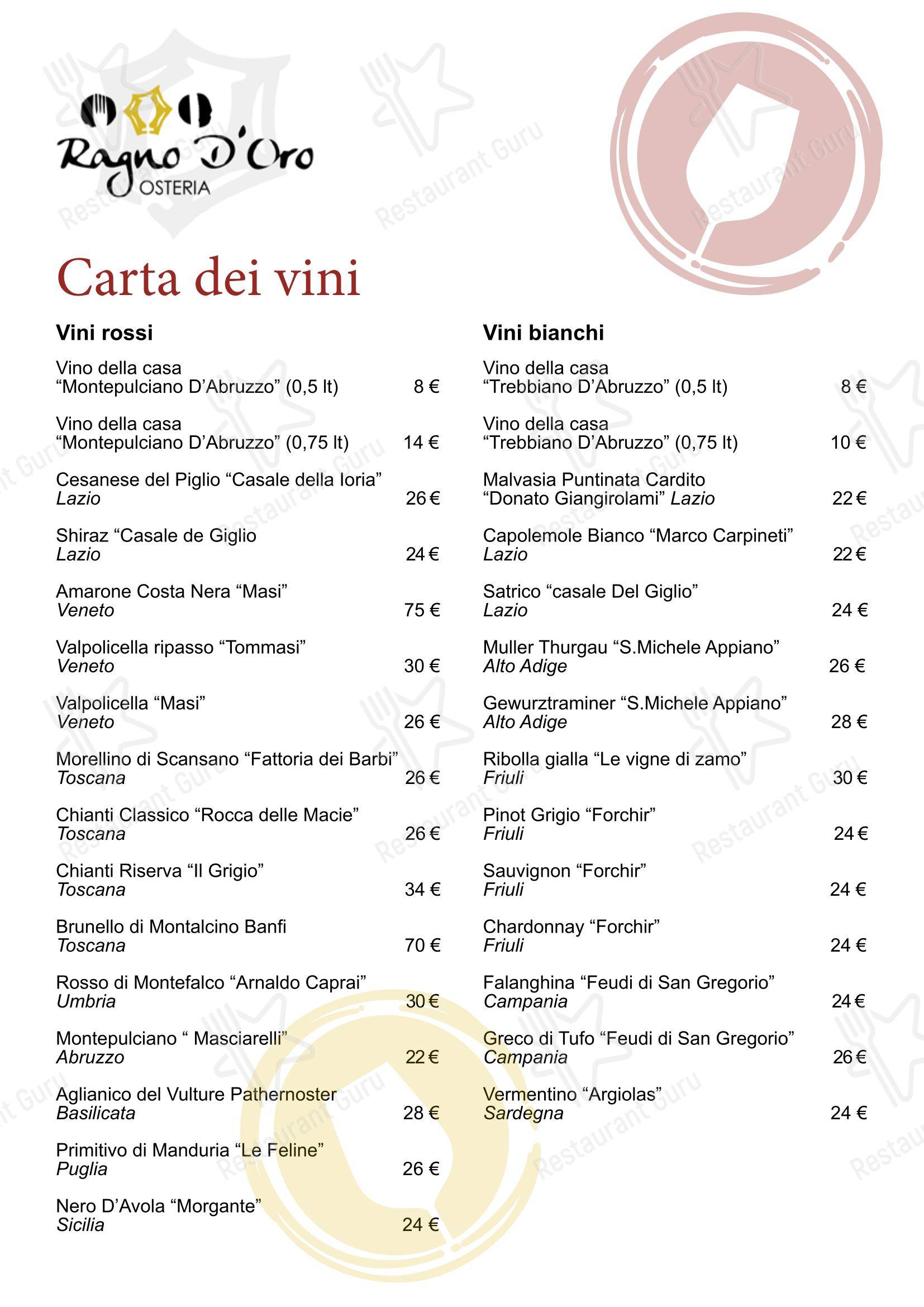 菜单 ресторана Osteria Ragno d'oro