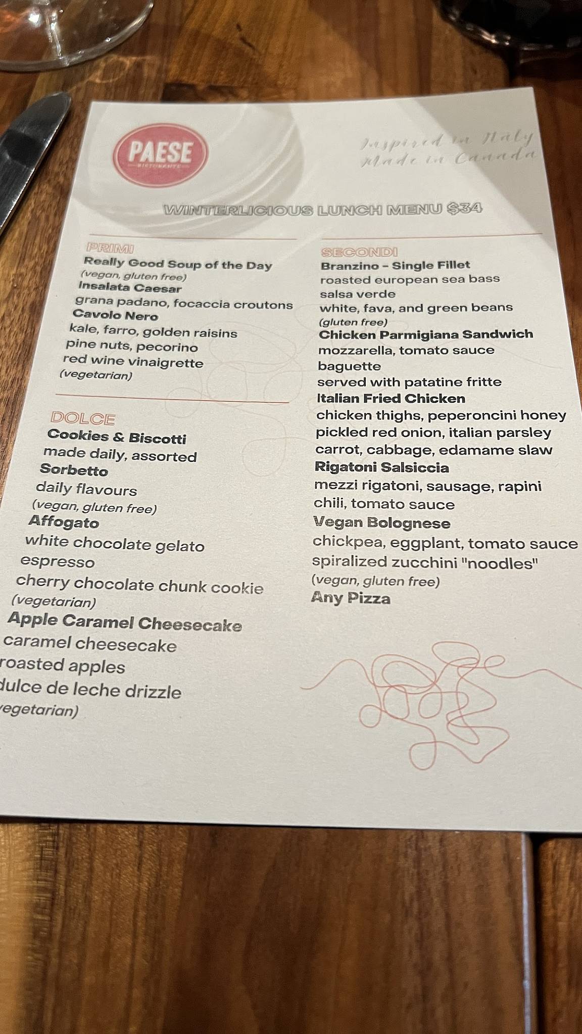 Paese Ristorante меню