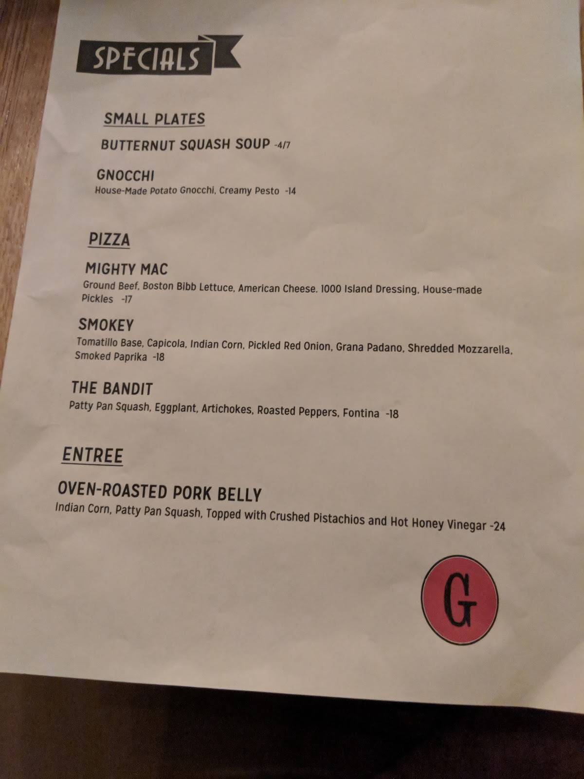 Gleason's меню