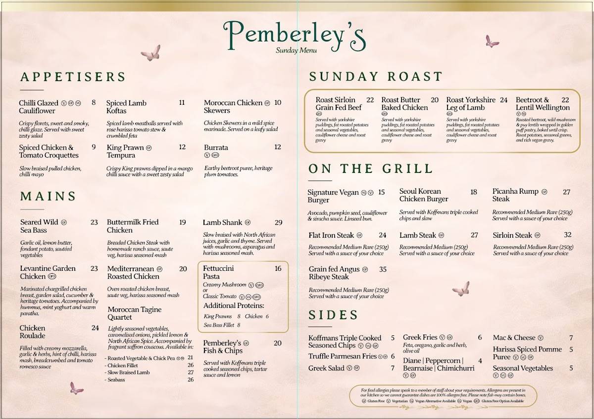 Pemberley's меню