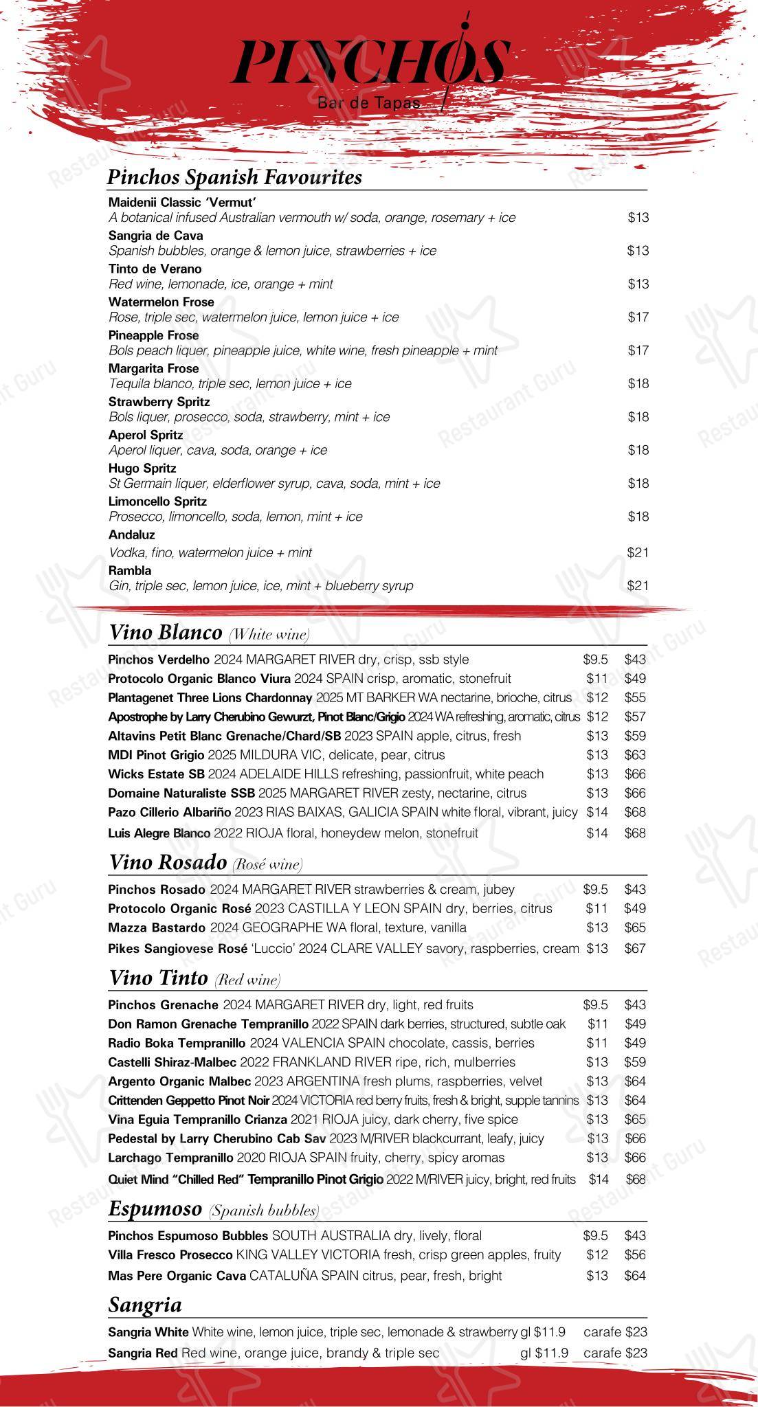 Коктейльная карта ресторана Pinchos Bar De Tapas в Лидервилле
