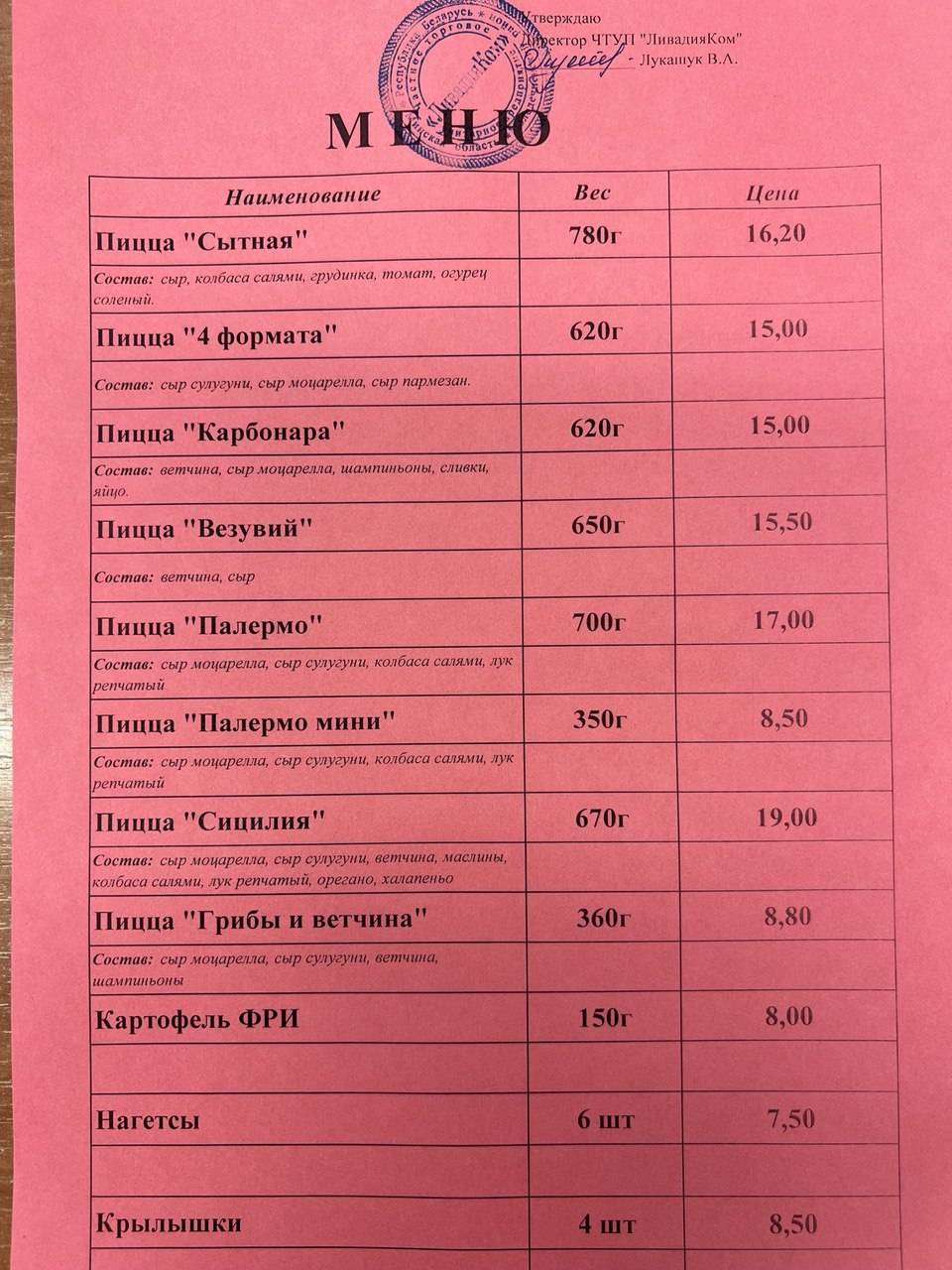 Пиццерия в Радошковичах Bona Pizza меню