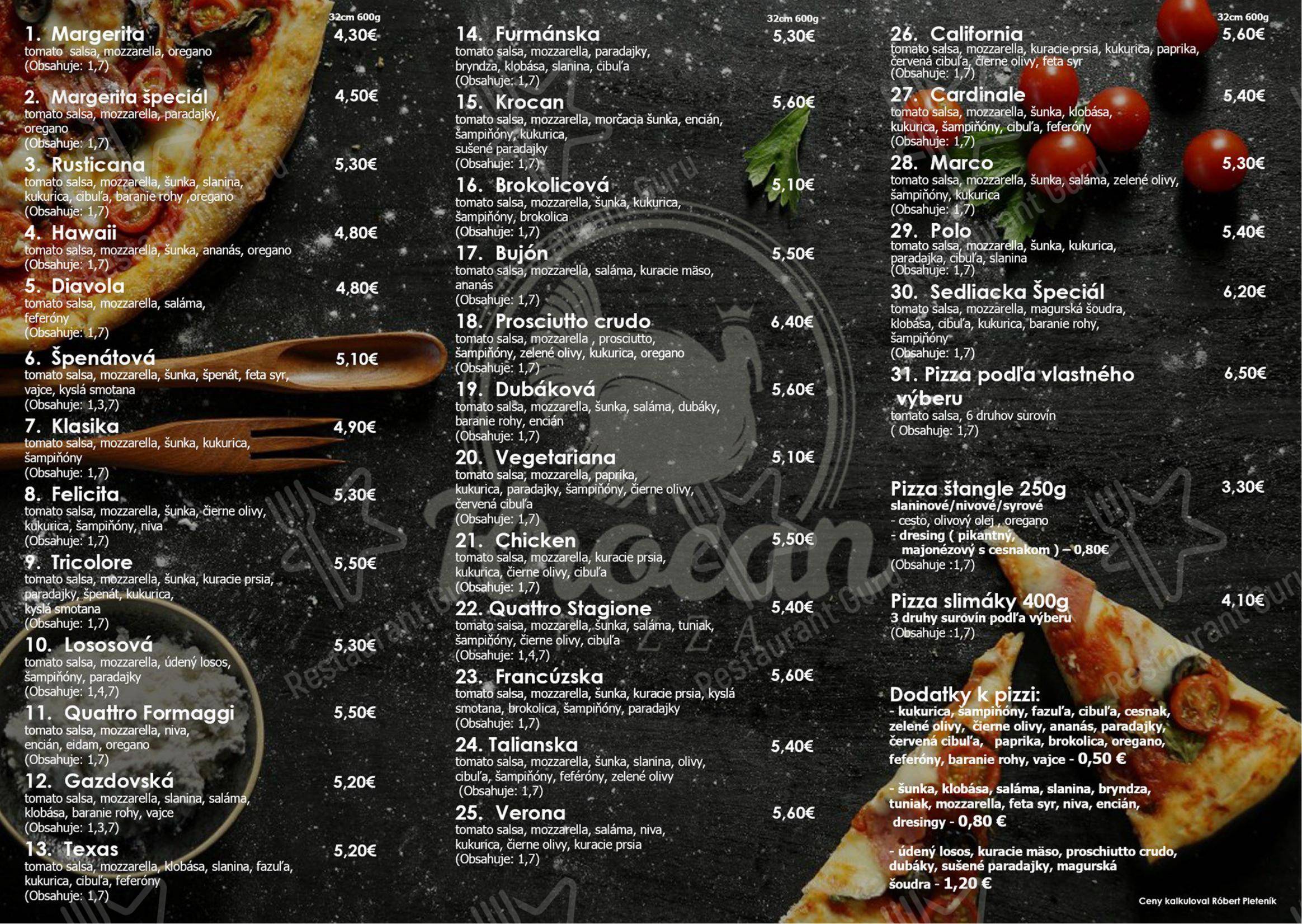 菜单 ресторана Pizza Krocan