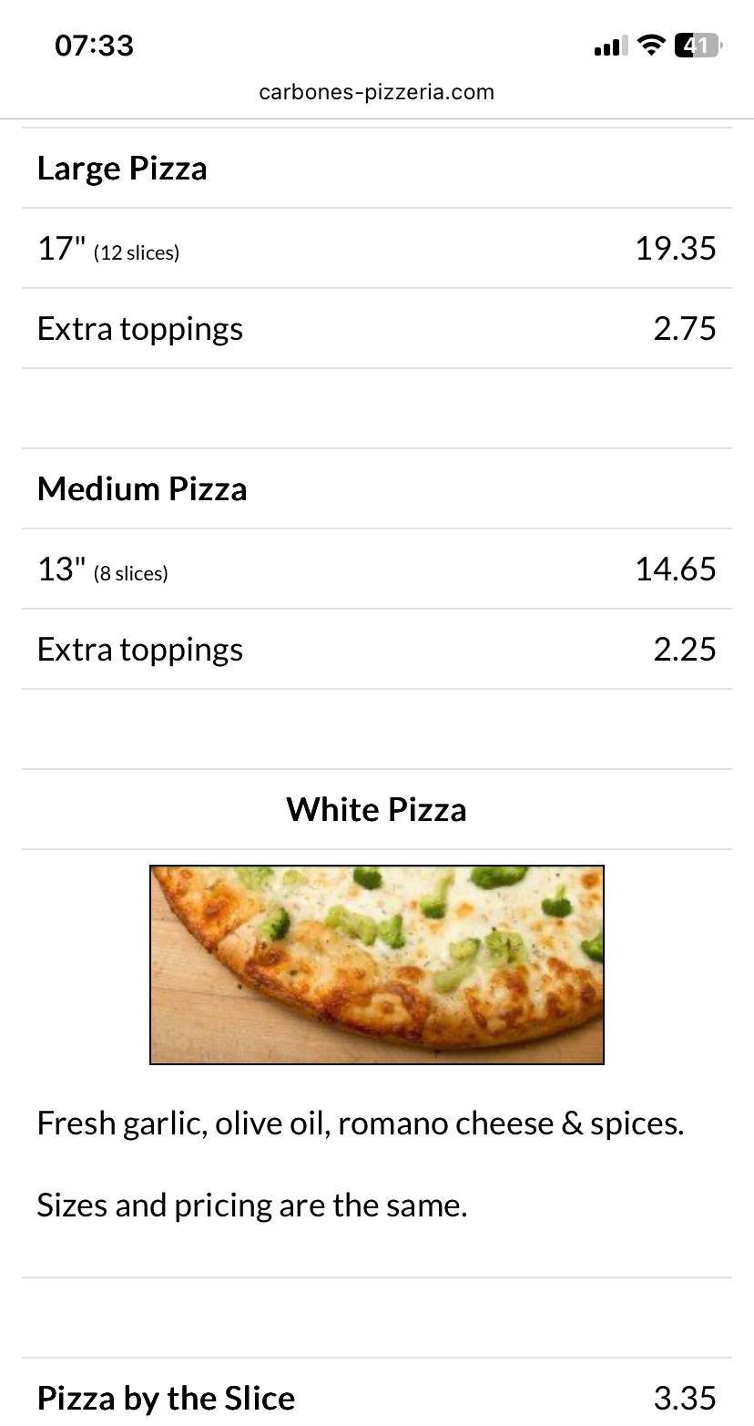 Carbone's Pizzeria меню