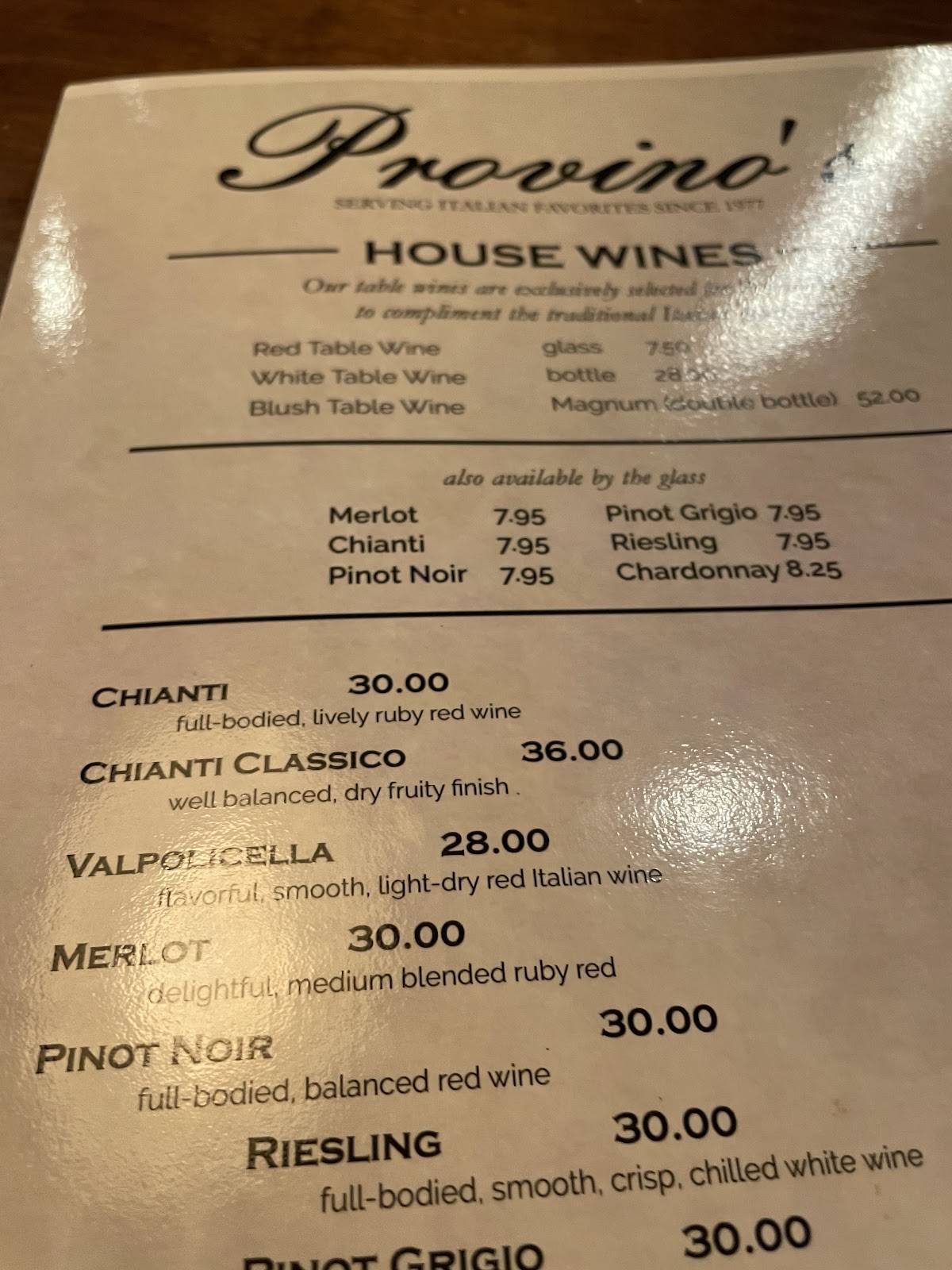 Provino's Italian Restaurant меню