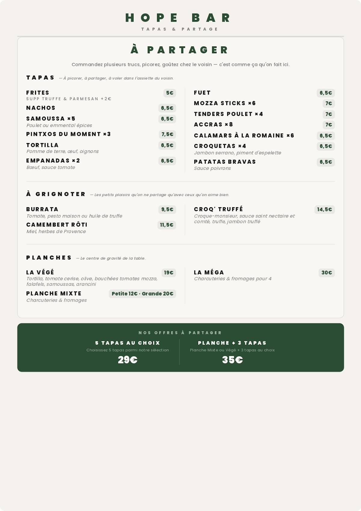 Hope - Bar - Tapas меню